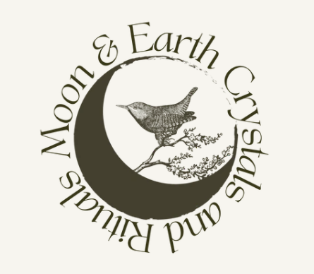 A logo with a crescent moon and a bird perched on a branch, surrounded by the text 'Moon & Earth Crystals and Jewelry' in a circular arrangement.