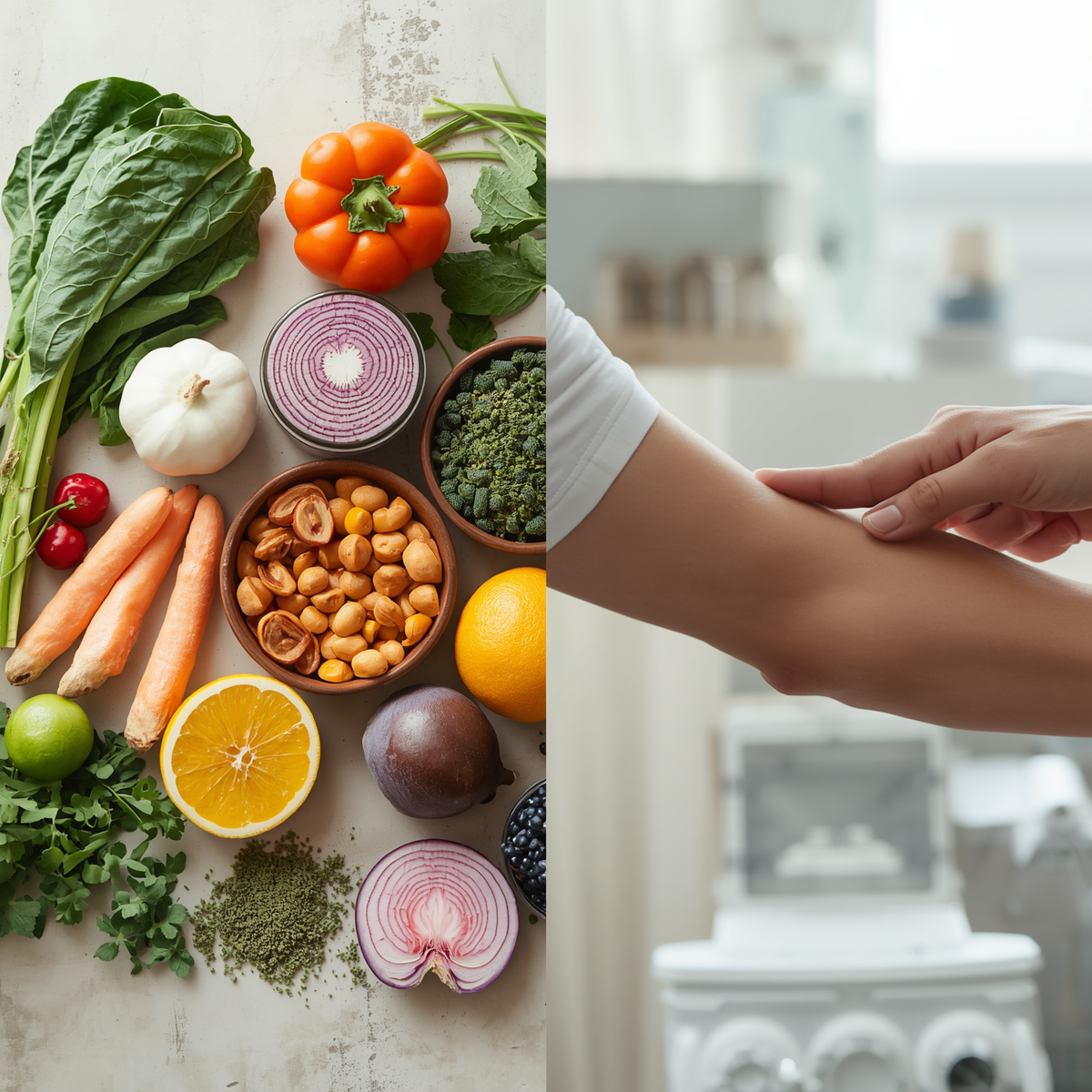 Left side: Fresh vegetables and fruits, including spinach, tomato, garlic, carrots, lemon, onion, lime, berries, chickpeas, broccoli, and herbs. Right side: Person receiving an arm massage.