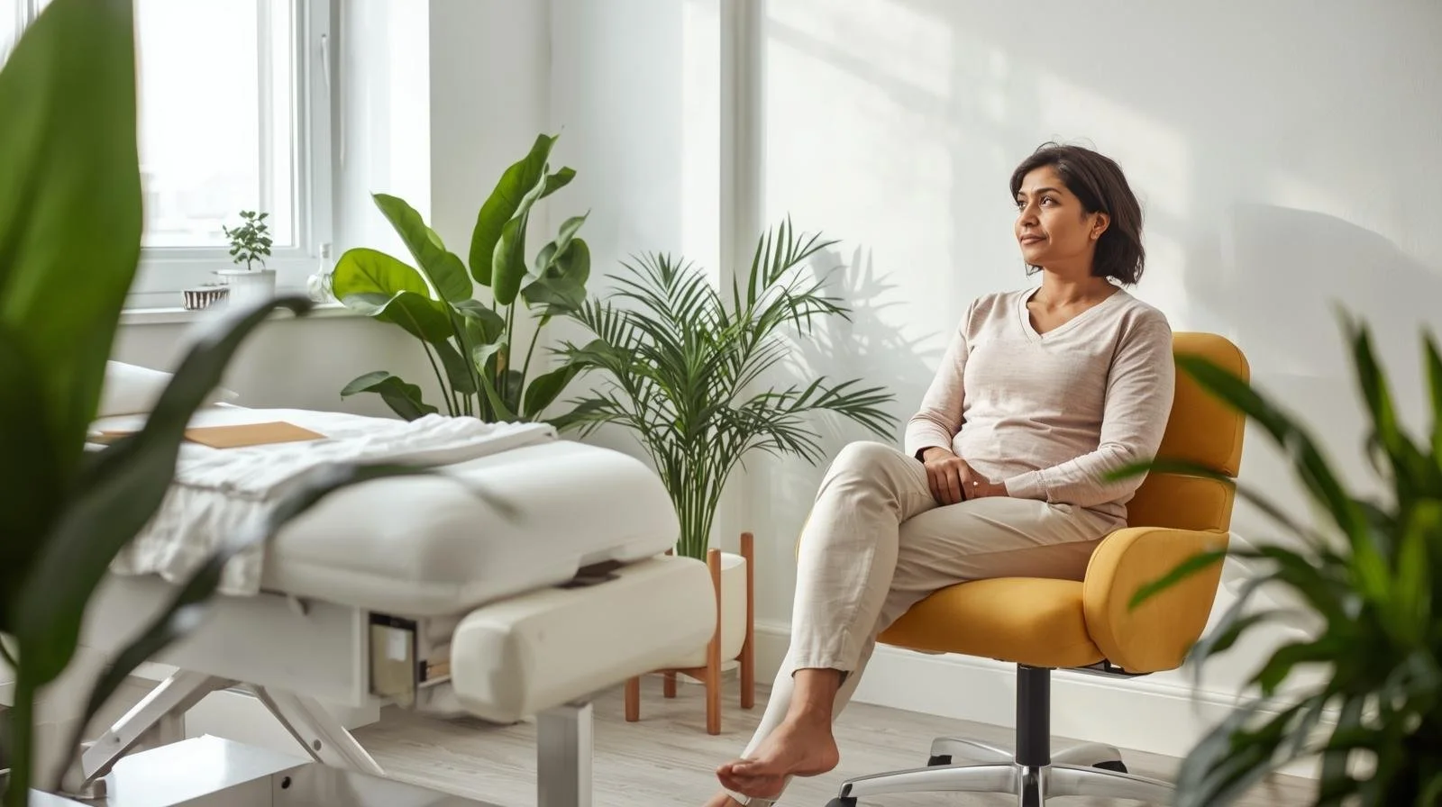 Woman having a kinesiology consultation prior to her session in a relaxed environment.