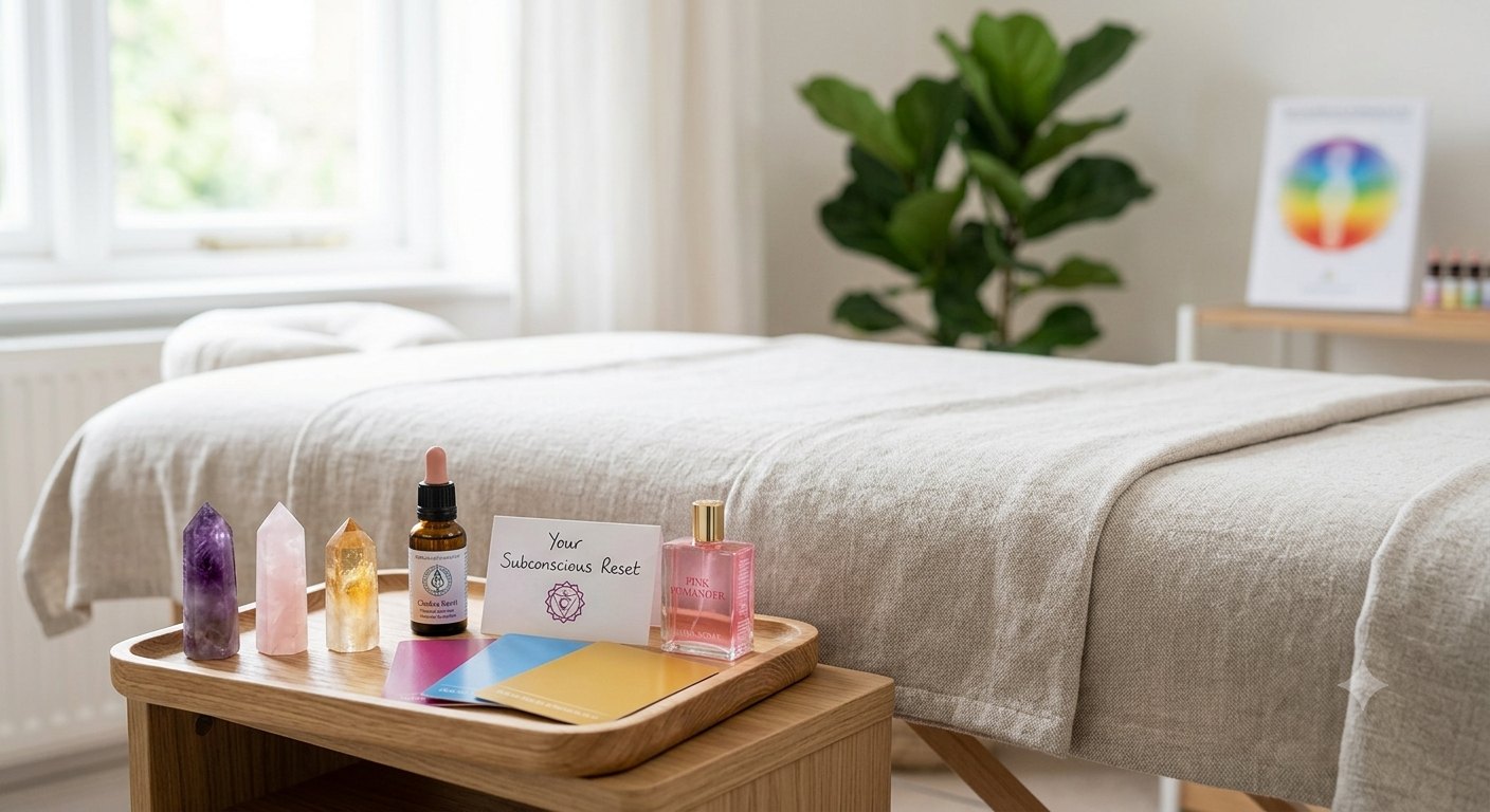 A massage or therapy room with a neatly made bed, a wooden side table with crystals, a small bottle of essential oil, and a pink perfume bottle. There is also a white card: 'Your Subconscious Reset.' In the background, a large green plant and a color wheel chart are visible.