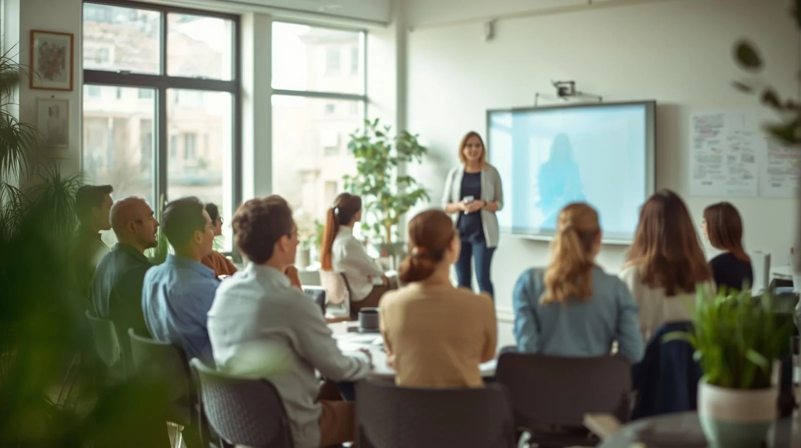 A woman standing at the front of a classroom giving a presentation to an audience of diverse young adults seated at tables. The classroom has large windows, plants, and a whiteboard or digital screen behind the presenter.