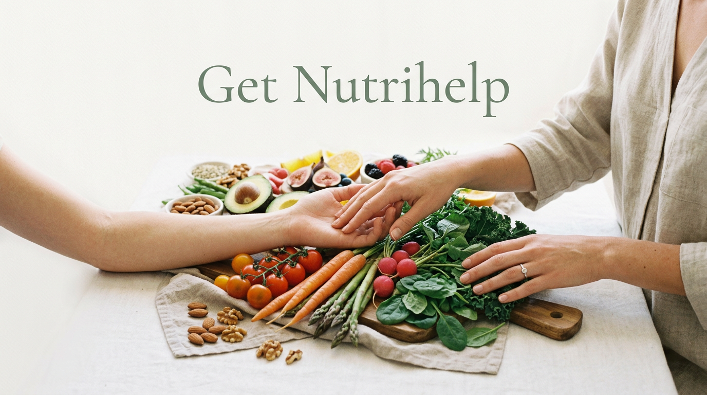 Two people exchanging a touch over a variety of fresh vegetables and fruits on a table, with the text 'Get Nutrihelp' displayed.