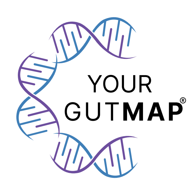 A stylized DNA double helix with purple and blue strands surrounds the words "Your GutMap" in black text.