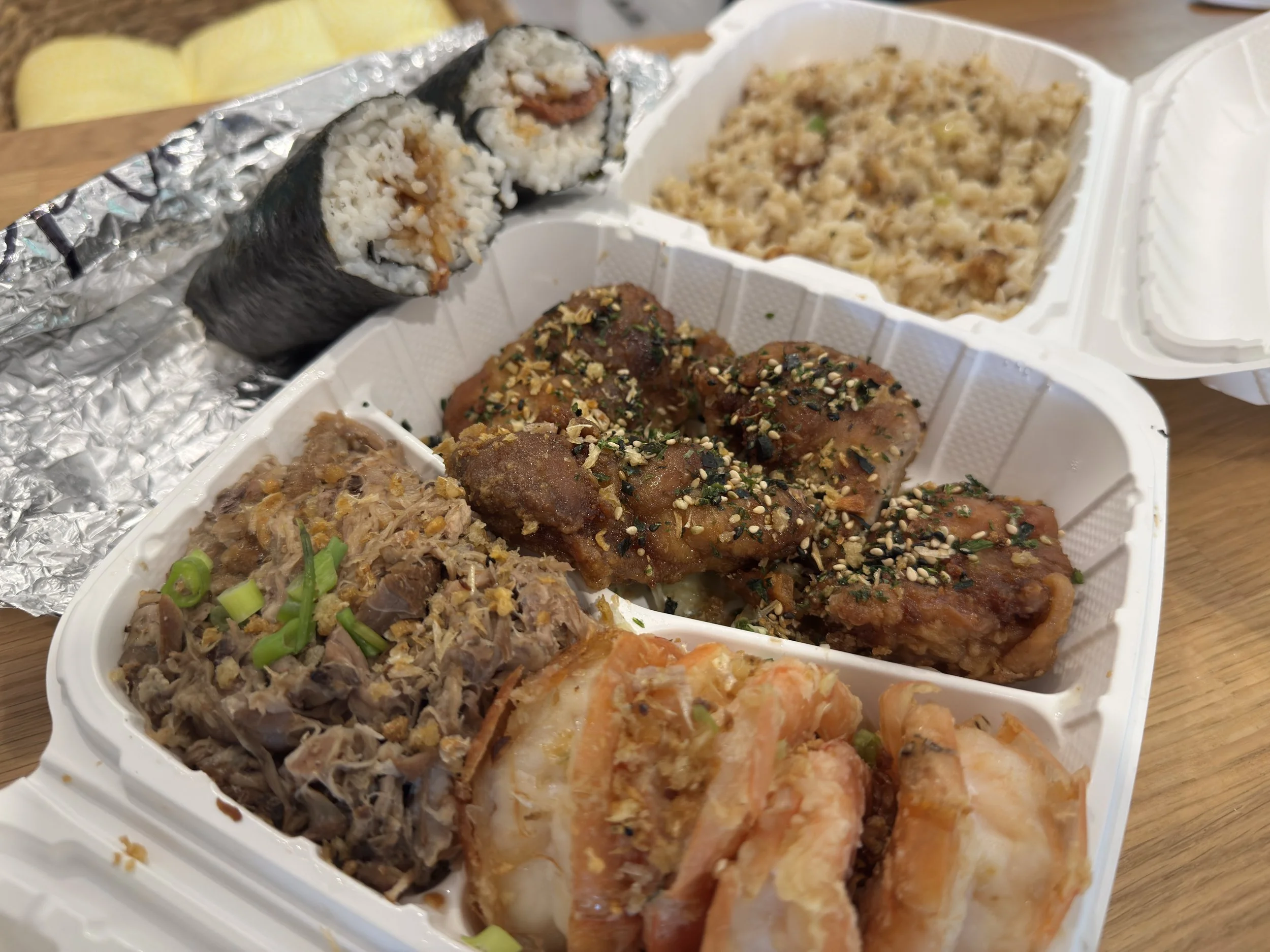 Garlic Furikake Chicken, Kalua Pork, Garlic Butter Shrimp - Broke Da Mouth Grindz