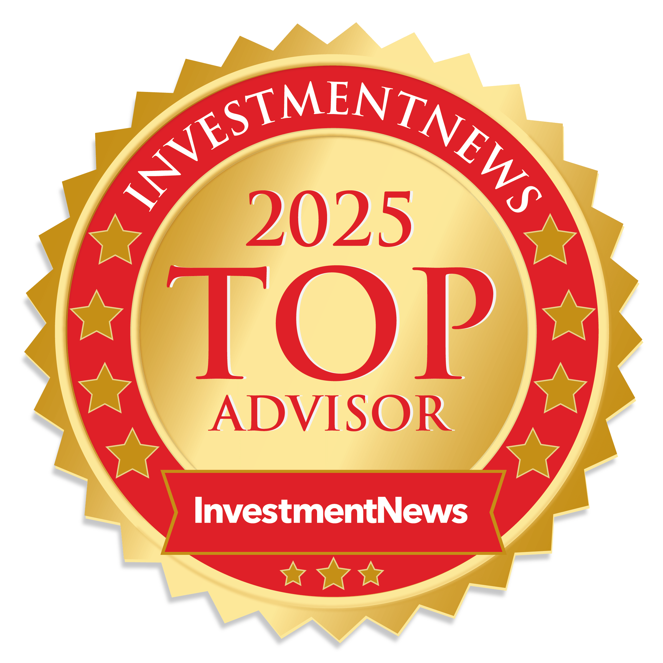 Medal-style badge with gold and red colors, stating '2025 Top Advisor' by InvestmentNews, with decorative stars around the border.