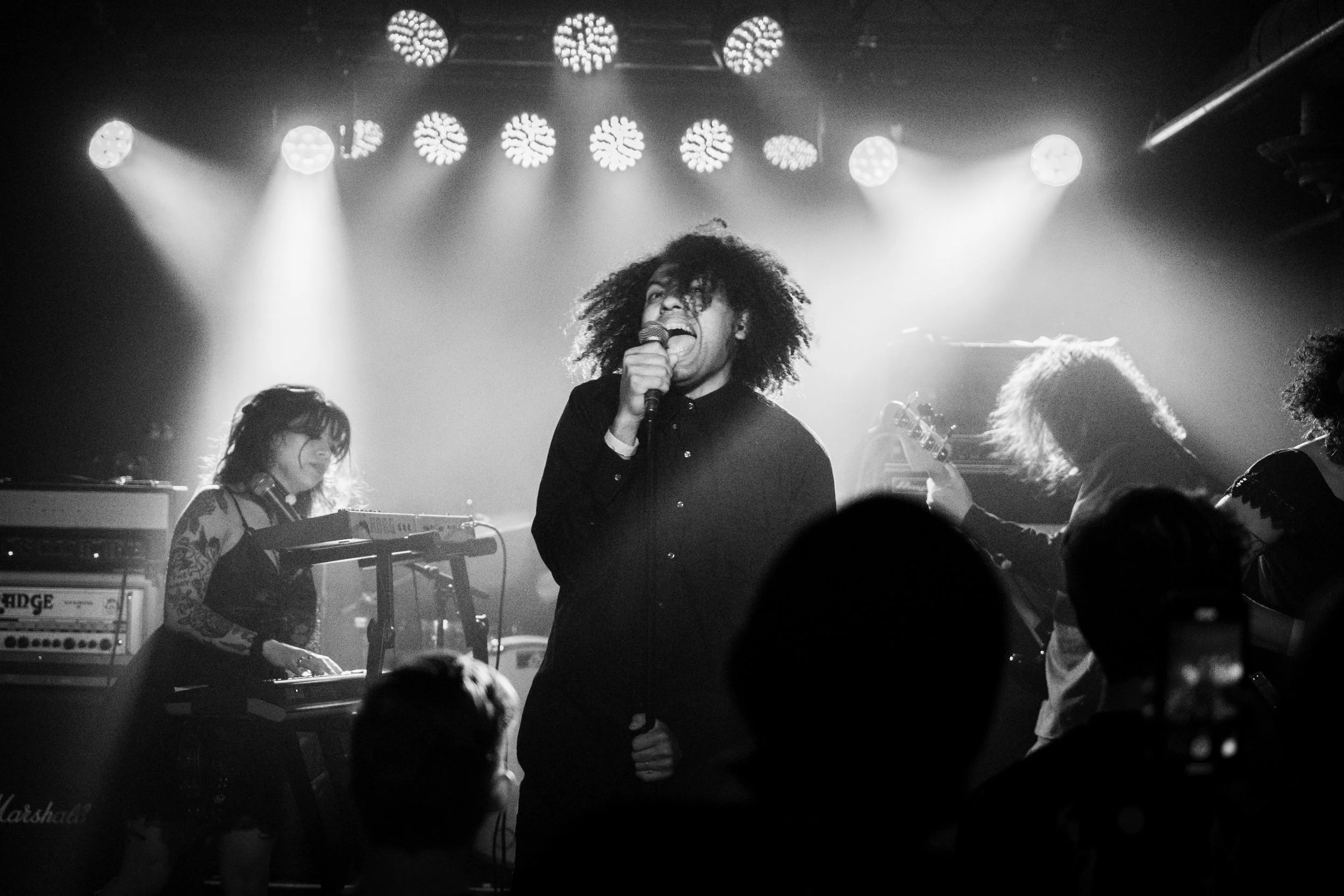 Black and white photo of a singer performing with a band on stage, with bright stage lights overhead and audience silhouettes in the foreground.