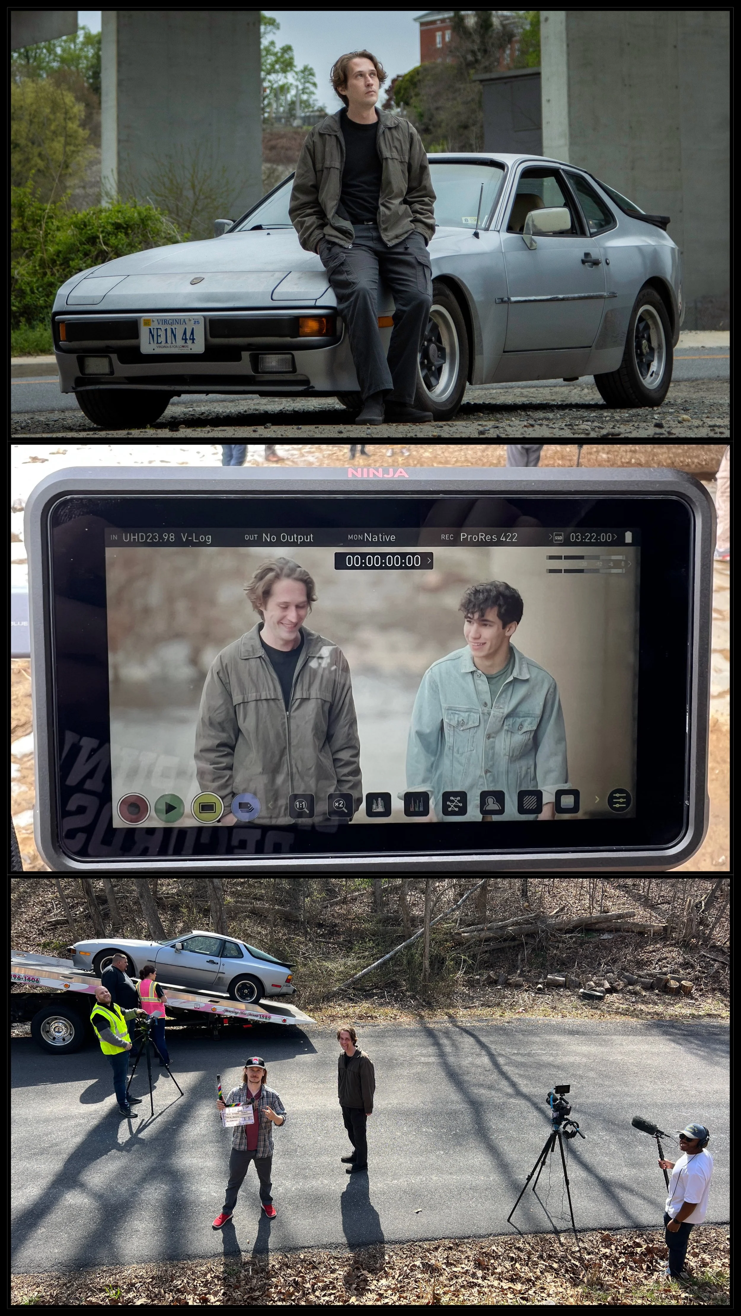 Scenes from a film production include a young man sitting on a vintage car, a behind-the-scenes shot of actors being filmed, and a film crew with equipment on a road with a car on a trailer.