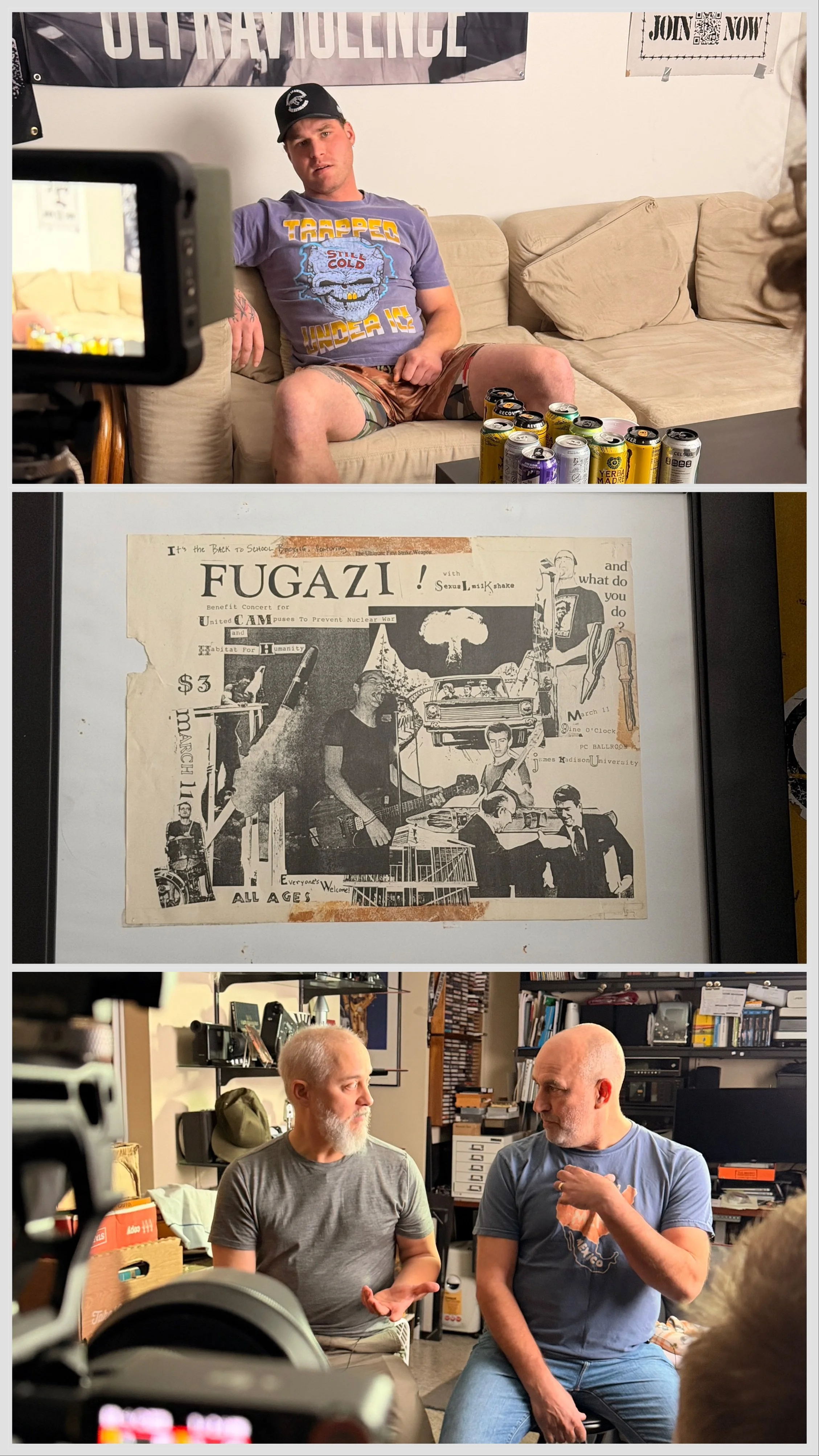 First image: a young man with a black cap, a purple graphic T-shirt, and camouflage shorts sitting on a beige couch with cans of drinks on a coffee table in front of him. Second image: an old, torn poster on a fridge with the word "FUGAZI" and pictures of a band and mixed text. Third image: two older men with gray hair and beards, sitting across from each other, engaged in conversation in a room filled with shelves, books, and equipment.