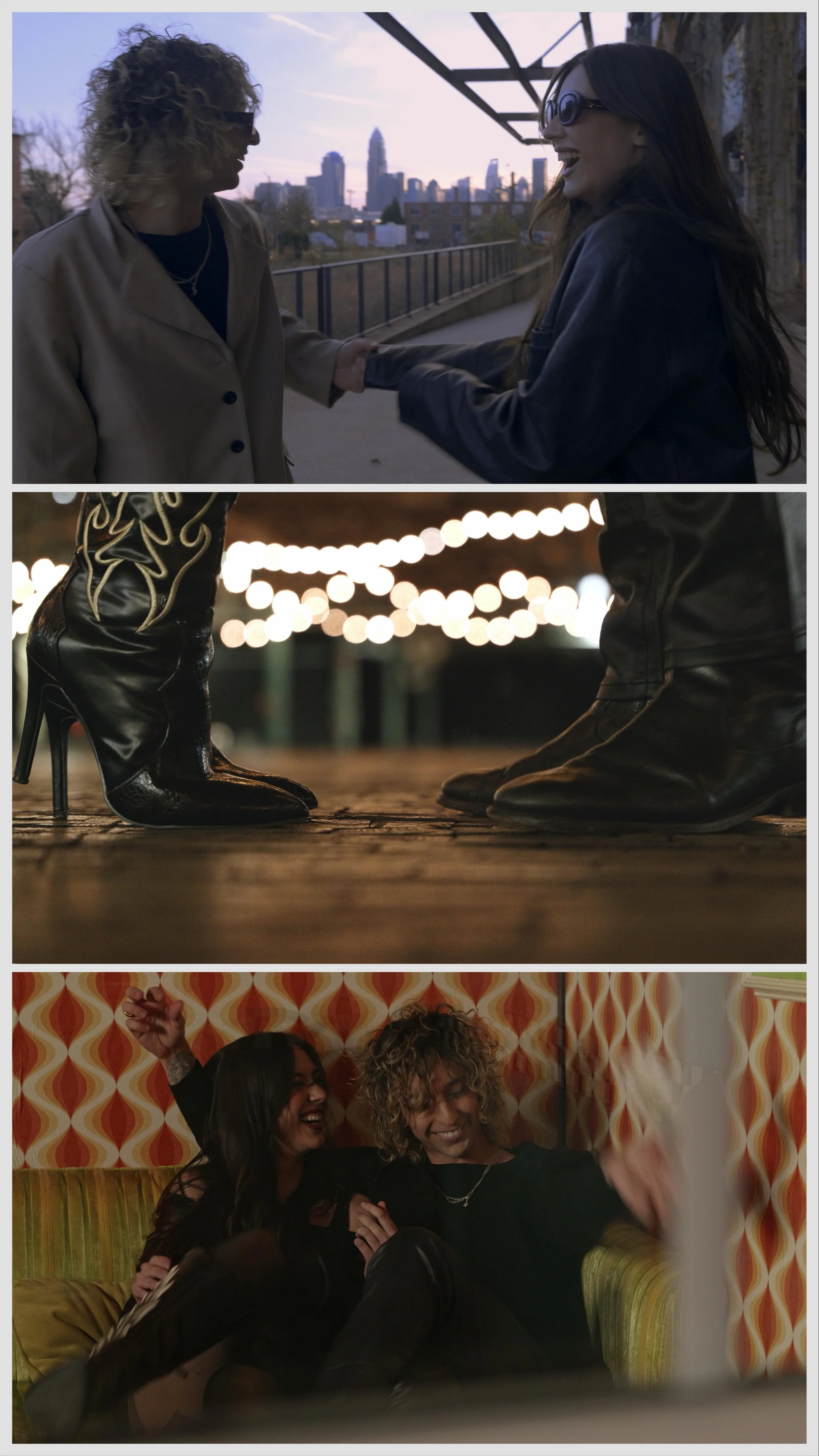Three scenes: two women greeting each other on a rooftop at sunset, close-up of two shoes touching on a wooden floor with string lights in the background, and two friends laughing and enjoying time together inside a retro-styled room.