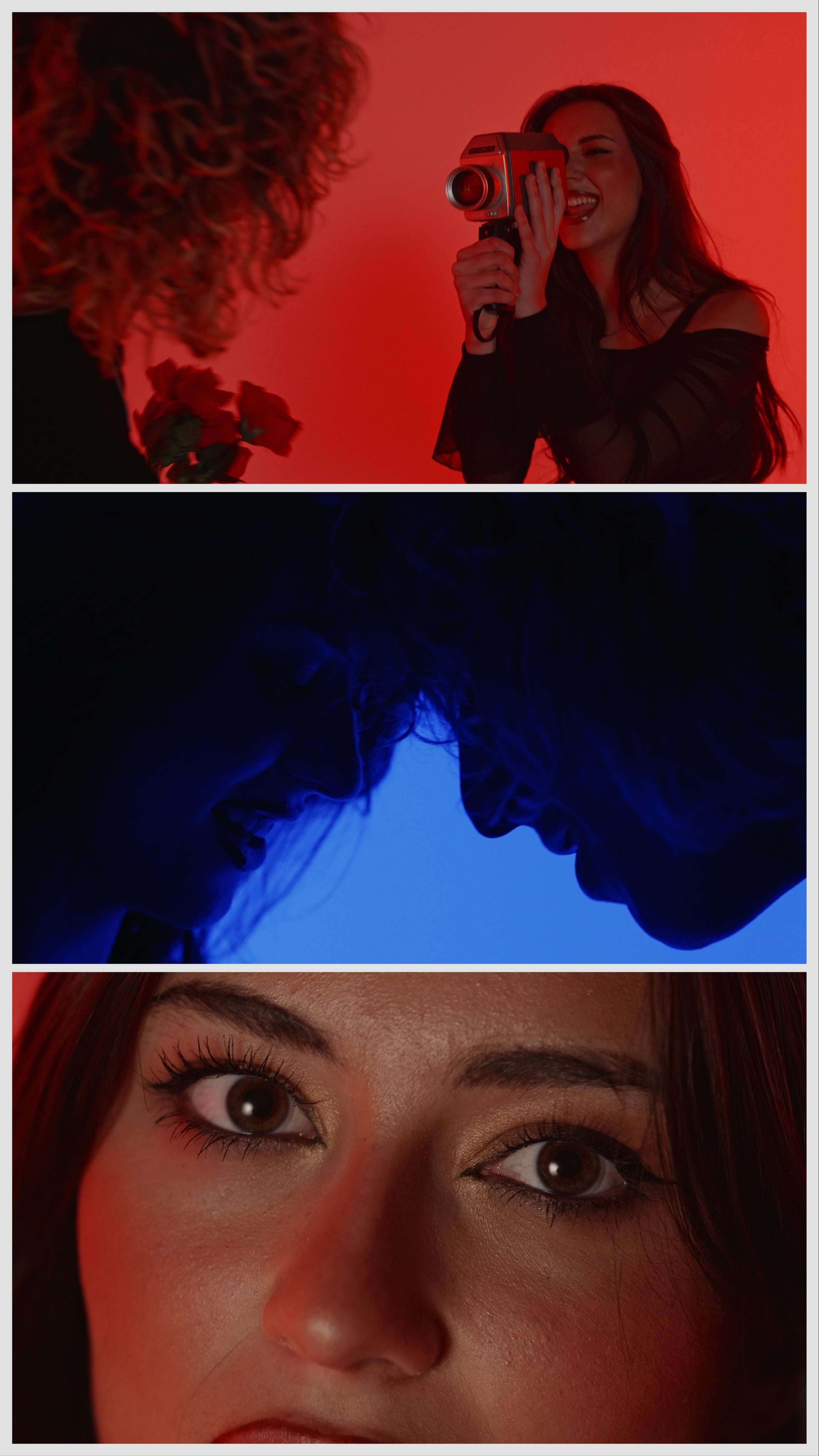 Three images arranged vertically. The top image shows a woman with dark hair taking a photo of another person with curly hair, against a red background. The middle image shows two people in close face-to-face contact, illuminated with blue lighting, appearing to smile or laugh. The bottom image is a close-up of a woman's face, highlighting her eyes and makeup.