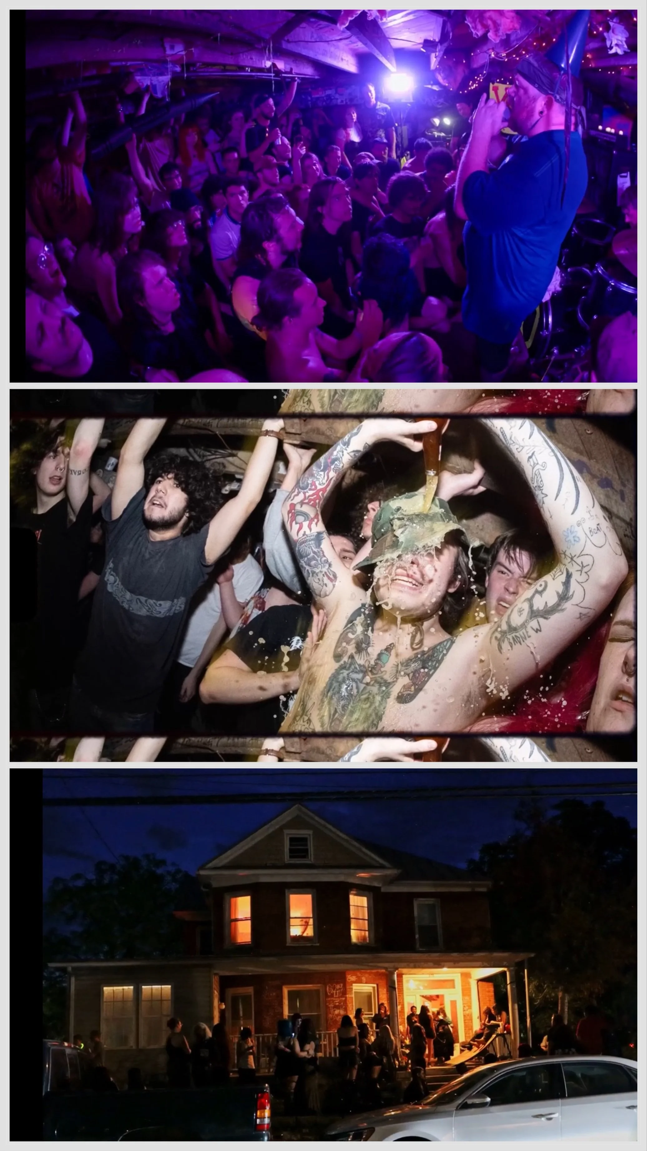 Three scenes from a party: a crowded indoor dance floor with purple lighting, people dancing and a DJ in the background; people at a concert or festival with tattoos, one person pouring a drink over another's head; a house party outside at night with people gathered on the porch and others nearby, warm lighting from windows.