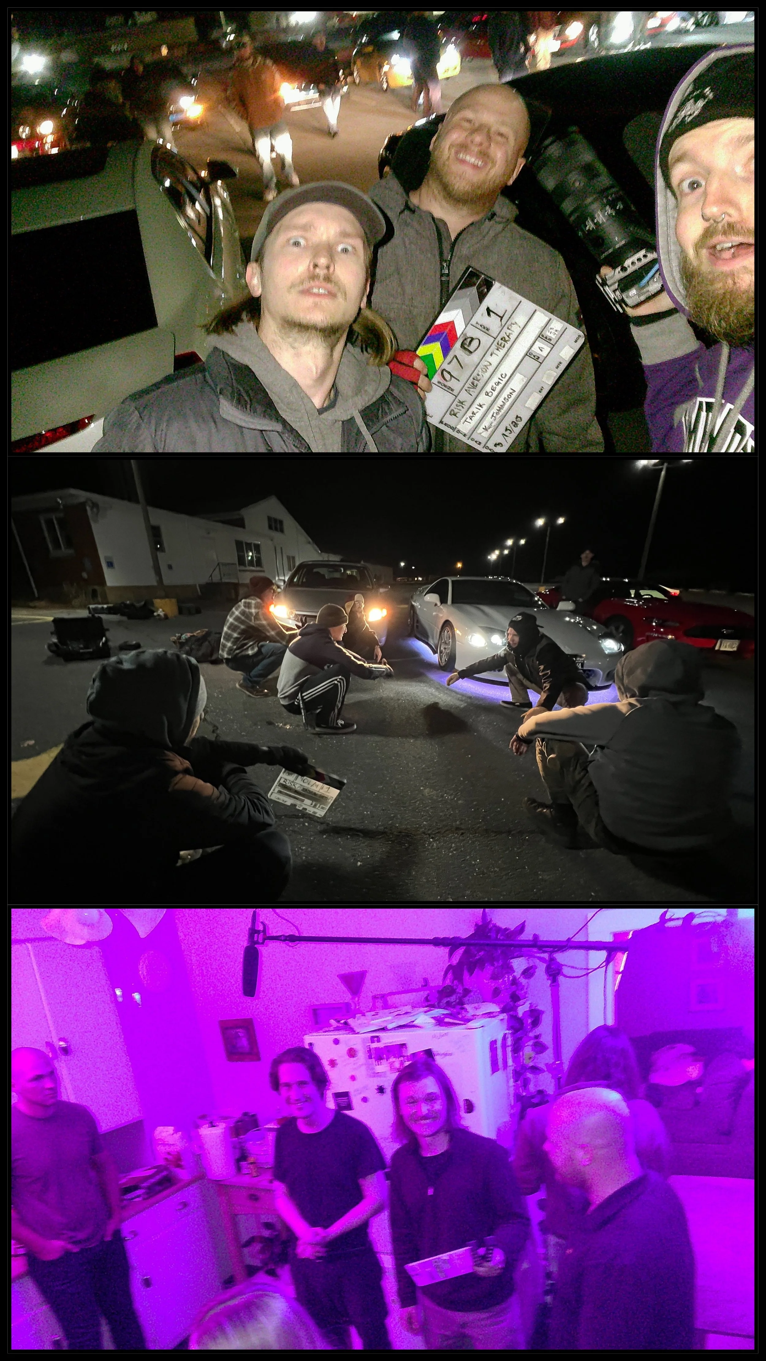 A collage of three photos: Top photo features men taking a selfie on a movie set at night, holding a clapperboard. Middle photo shows several people crouched on the ground with cars behind them, also at night. Bottom photo depicts a group of people standing and chatting inside a house decorated for a gathering, illuminated with purple lighting.