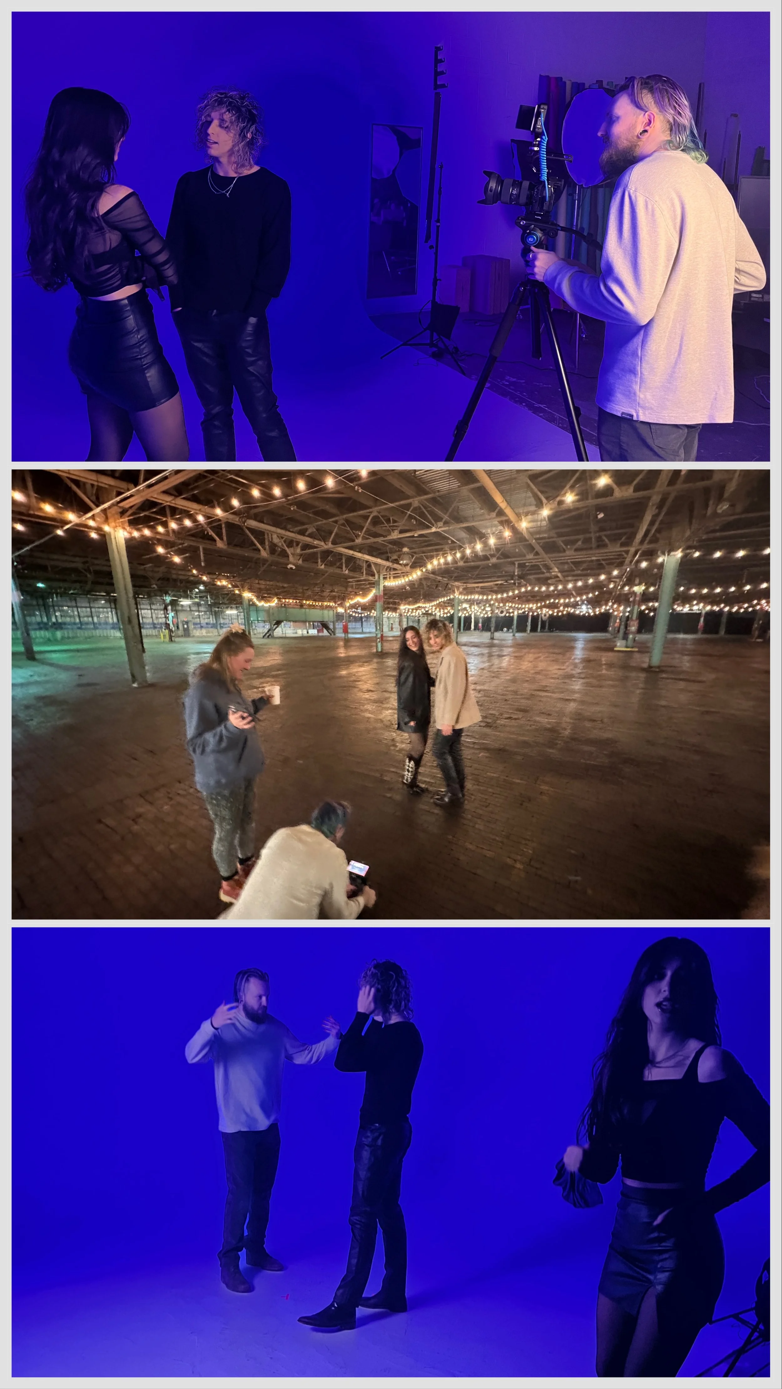 Three scenes from a photo shoot. The first scene shows two women talking to each other with a photographer taking a picture behind a camera on a tripod. The second scene features two women posing with a third woman taking a picture in a large, open, industrial space decorated with string lights. The third scene depicts two men and a woman in a dimly lit studio with blue lighting, with the men engaging in a conversation and the woman standing to the side.