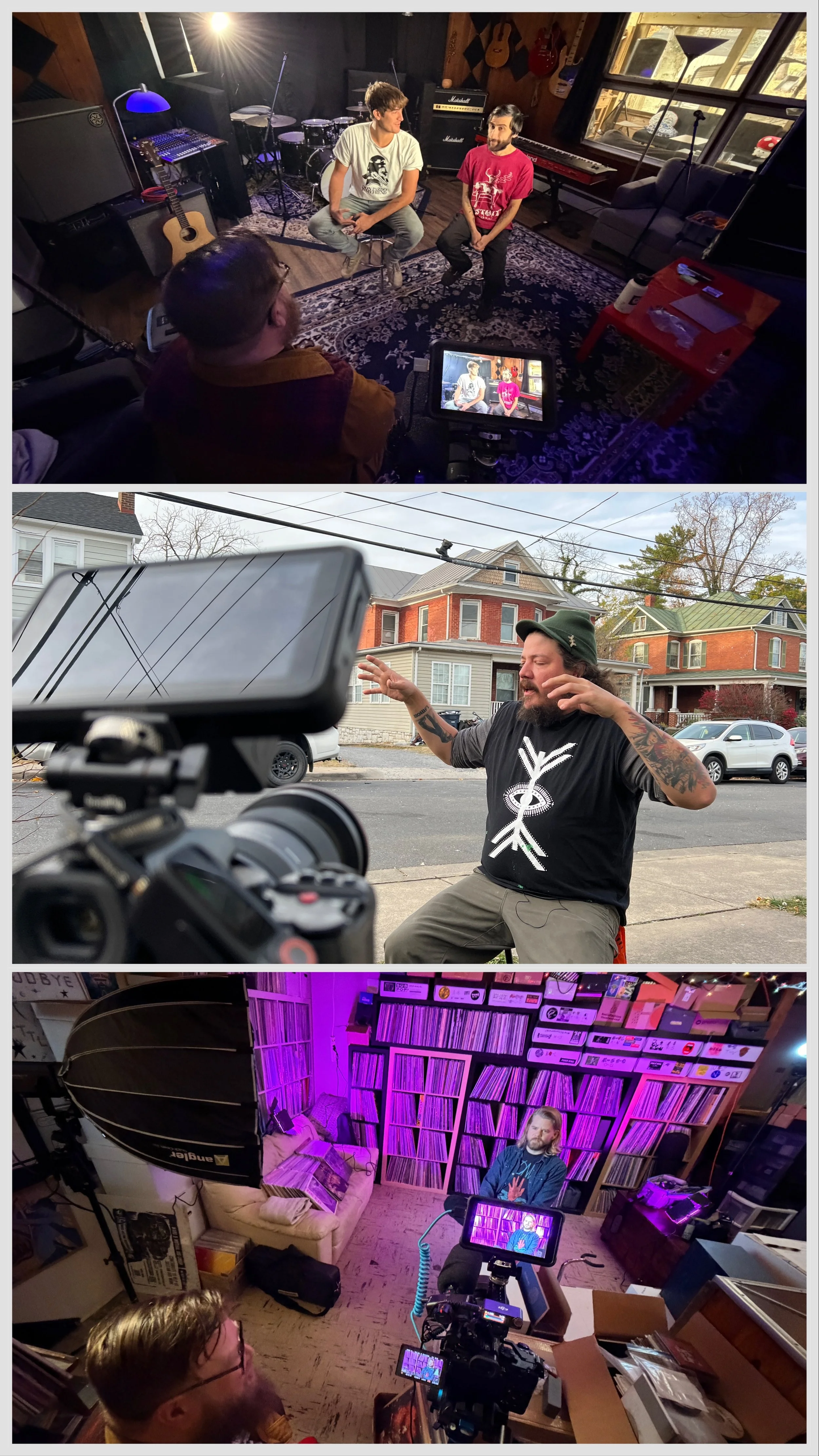 Three scenes of people involved in video production: the first shows two men being filmed in a music studio, the second shows a man outdoors talking to a camera, the third shows a man in a room with shelves of vinyl records being filmed in a music studio.