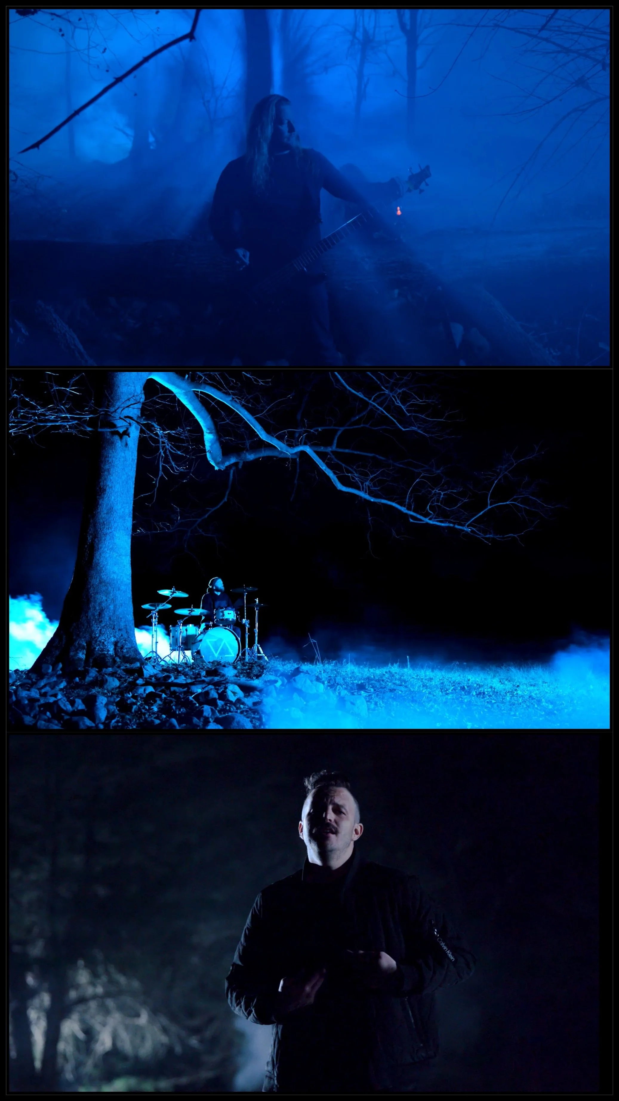 Three scenes of music artists performing outdoors at night. The first shows a guitarist in a foggy, dark forest. The second features a drummer playing under a large tree, illuminated by blue lighting. The third depicts a vocalist singing in a dimly lit outdoor area.