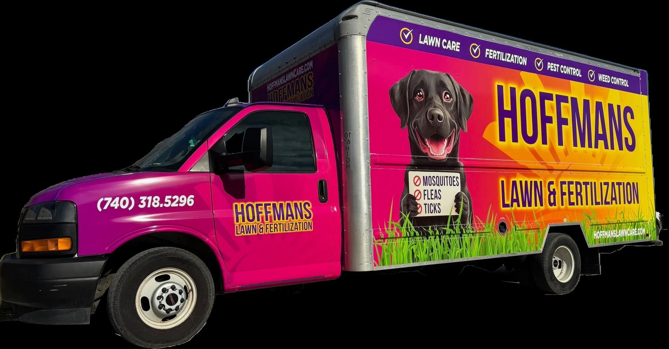 Pink Hoffman lawn and fertilizer truck with a black dog holding a sign about pest control, featuring the company's logo, contact number, and services such as lawn care and weed control.