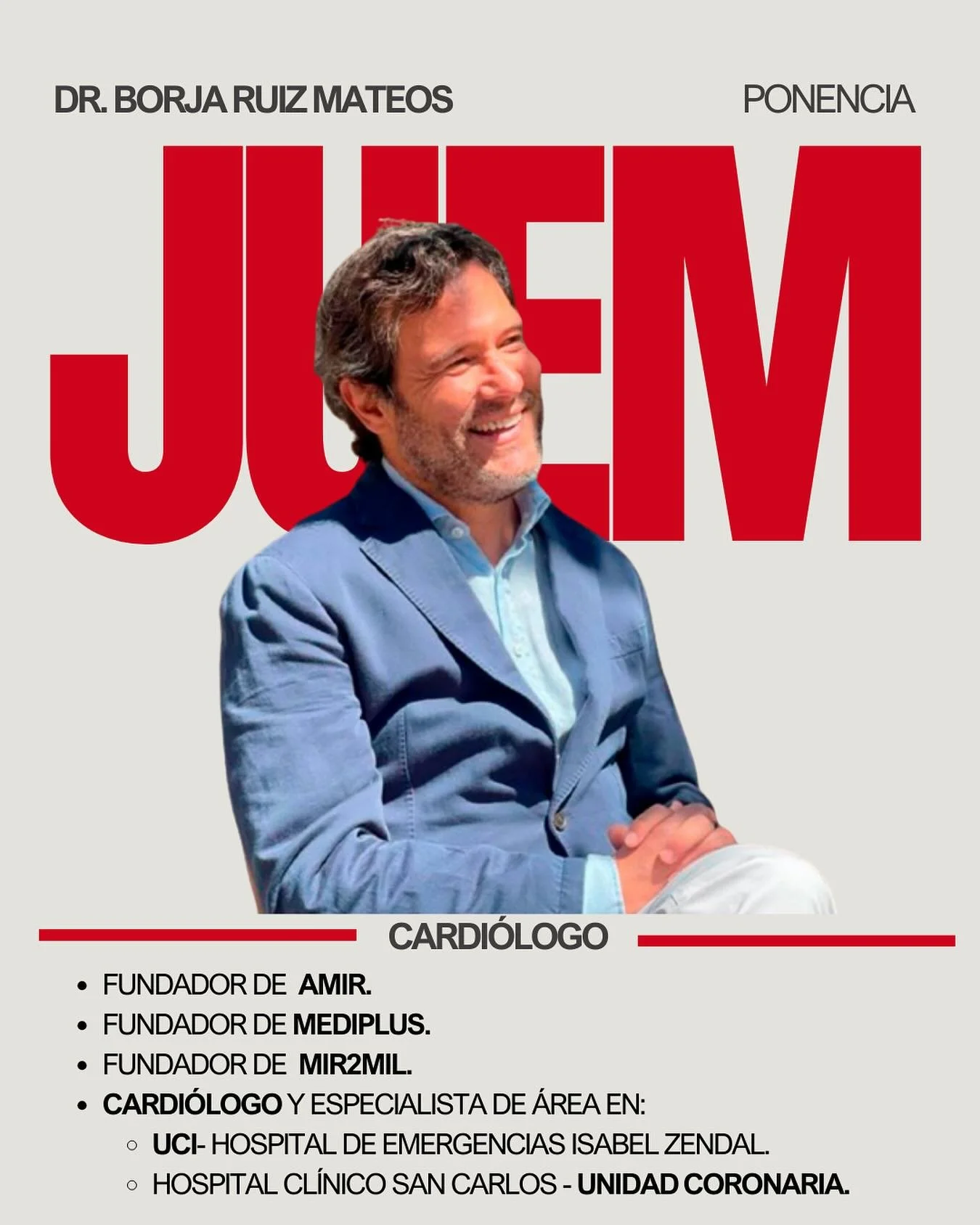 🎤 &iexcl;Anunciamos nuestra segunda ponencia inaugural!
Este viernes nos acompa&ntilde;ar&aacute; en las JUEM el Dr. Borja Ruiz Mateos, m&eacute;dico cardi&oacute;logo y fundador de AMIR, Mediplus y MIR2MIL.
✨&iexcl;Una oportunidad &uacute;nica, no 