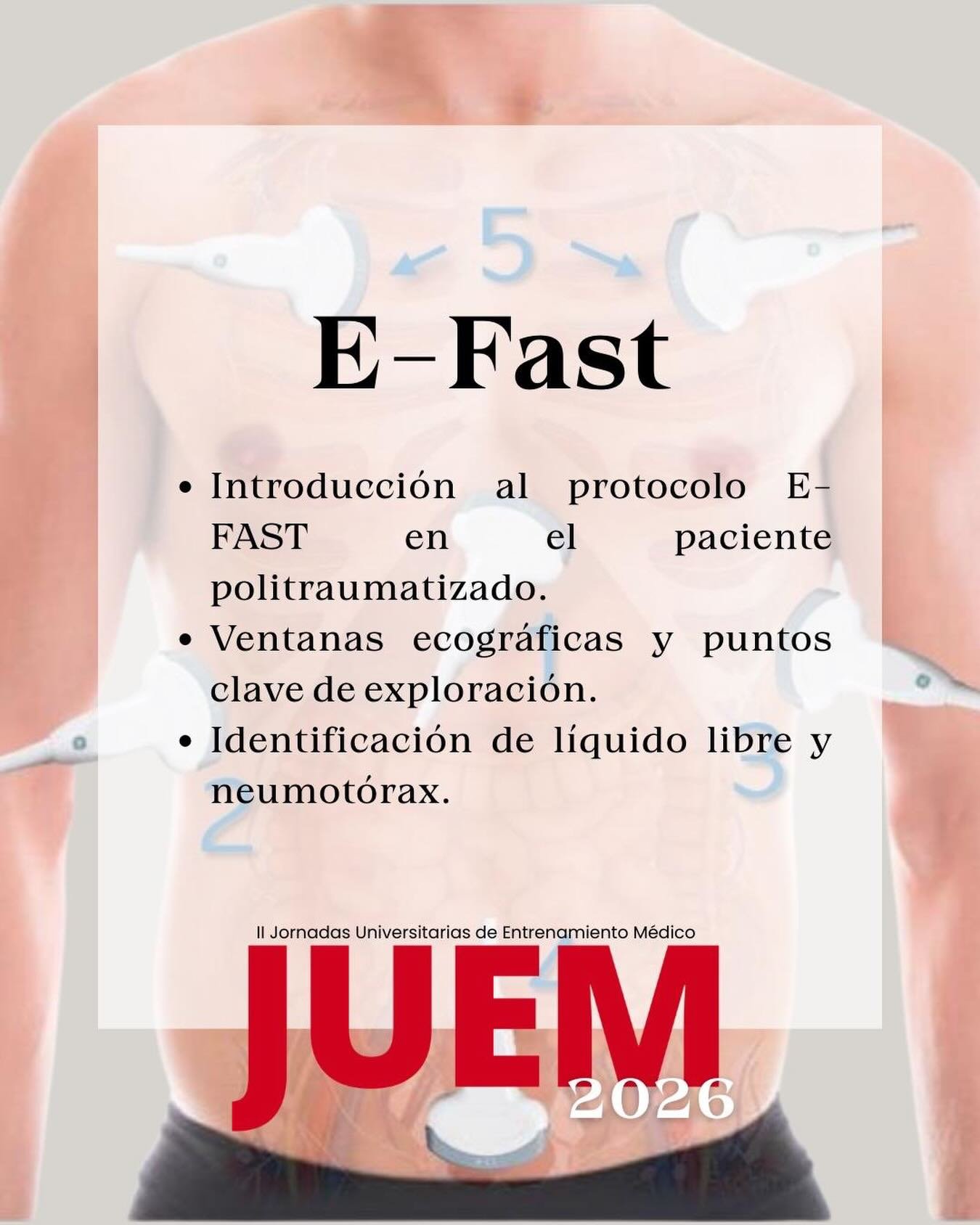 🚑⚡ &iexcl;TALLER E-FAST CONFIRMADO!

Llega el taller de ecograf&iacute;a E-FAST, donde aprender&aacute;s a realizar una valoraci&oacute;n r&aacute;pida del paciente traum&aacute;tico mediante ecograf&iacute;a en situaciones cr&iacute;ticas.

Con equ