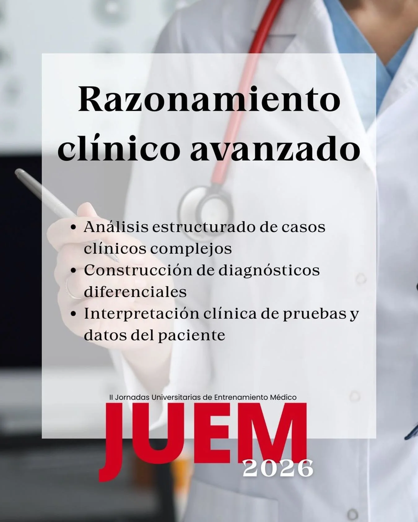 🧠 NUEVO TALLER CONFIRMADO! RAZONAMIENTO CLINICO AVANZADO

No todos los diagn&oacute;sticos se encuentran en los libros. En este taller te enfrentar&aacute;s a casos cl&iacute;nicos complejos donde el diagn&oacute;stico no es evidente, poniendo a pru