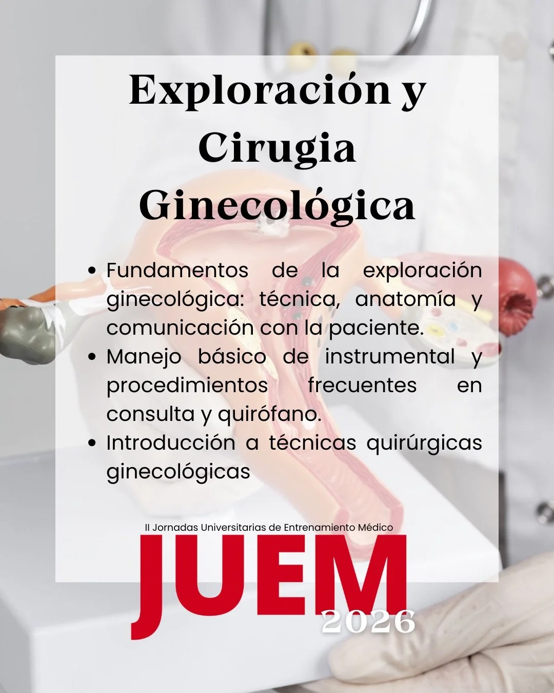 &iexcl;TALLER DE EXPLORACI&Oacute;N Y CIRUG&Iacute;A GINECOL&Oacute;GICA CONFIRMADO!

Llega el taller de exploraci&oacute;n y cirug&iacute;a ginecol&oacute;gica, donde aprender&aacute;s los fundamentos de la exploraci&oacute;n ginecol&oacute;gica y c