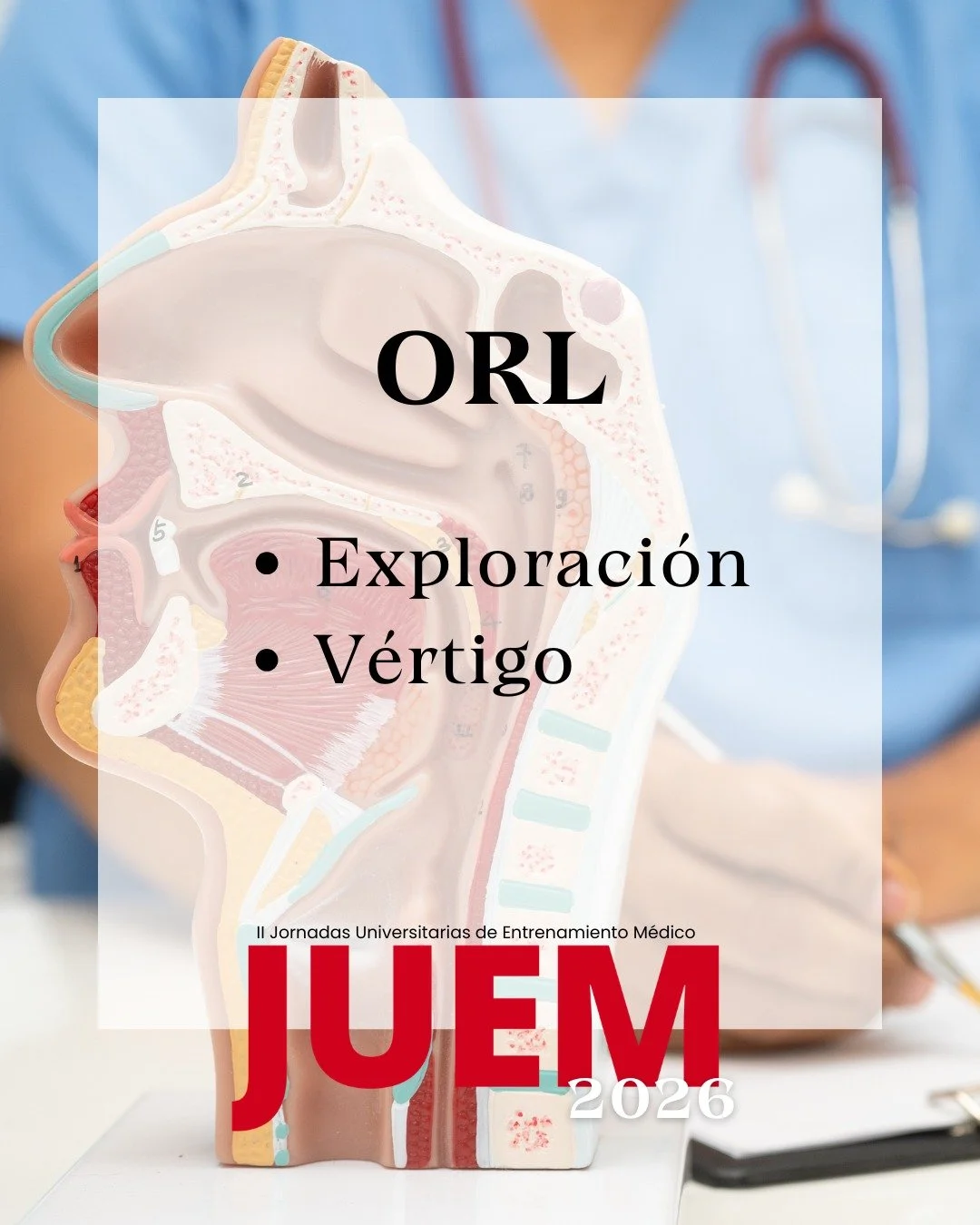 &iexcl;TALLERES DE ORL CONFIRMADOS!

En la pr&oacute;xima edici&oacute;n de las JUEM podr&aacute;s participar en dos talleres de Otorrinolaringolog&iacute;a pensados para reforzar habilidades cl&iacute;nicas clave: Exploraci&oacute;n ORL y Abordaje d
