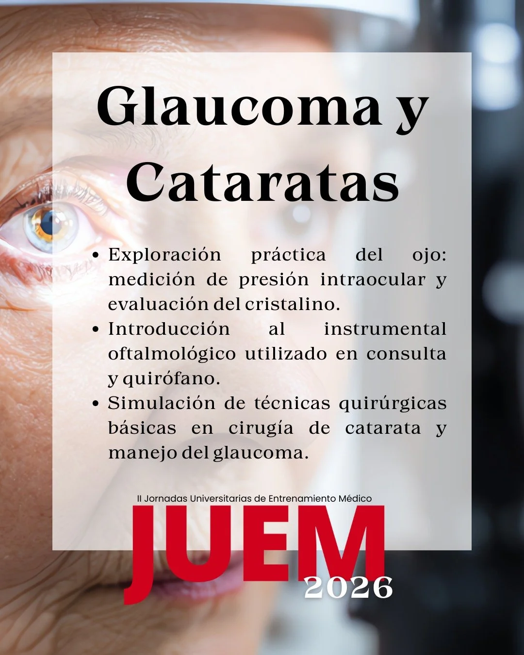 &iexcl;TALLER DE GLAUCOMA Y CATARATAS CONFIRMADO!

Llega el taller de glaucoma y cataratas, donde aprender&aacute;s los conceptos clave sobre estas dos patolog&iacute;as oftalmol&oacute;gicas tan prevalentes y su impacto en la visi&oacute;n.

Durante