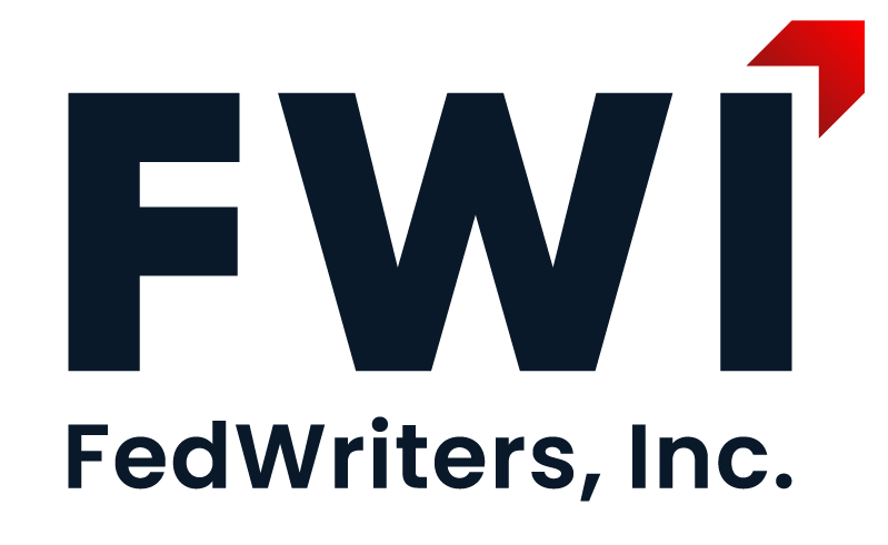 Logo of FedWriters, Inc., with bold black letters 'FWi' and a red arrow in the upper right corner.