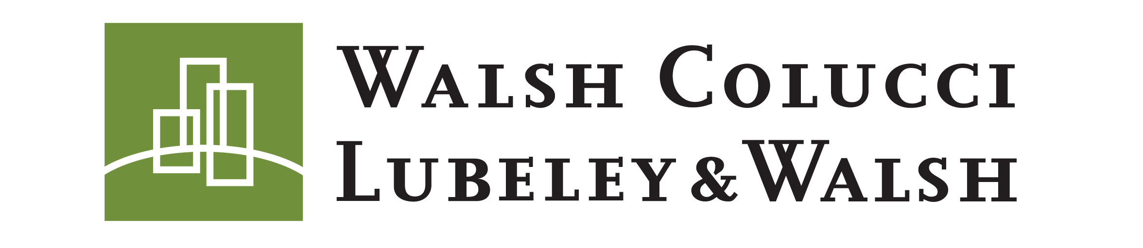 Walsh Culci Lubley & Walsh logo featuring stylized buildings in green and white with black text.