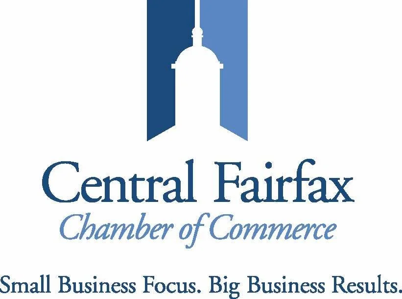 Logo of Central Fairfax Chamber of Commerce featuring a white silhouette of a building with a clock tower against blue and light blue vertical stripes, with the text "Central Fairfax Chamber of Commerce" and the tagline "Small Business Focus. Big Business Results."
