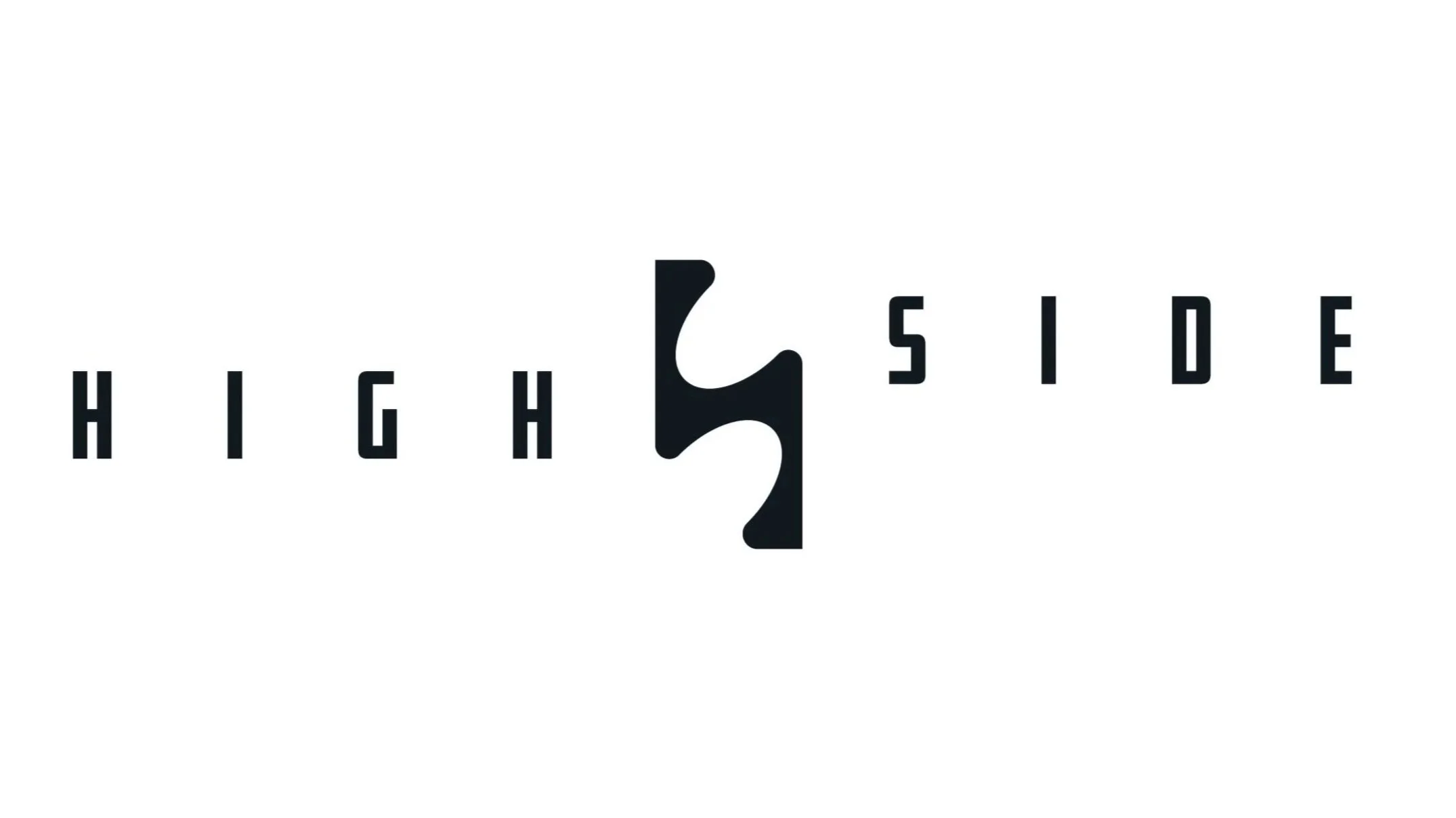 Logo with the words 'HIGH SIDE' separated by a stylized black shape in the middle on a white background.
