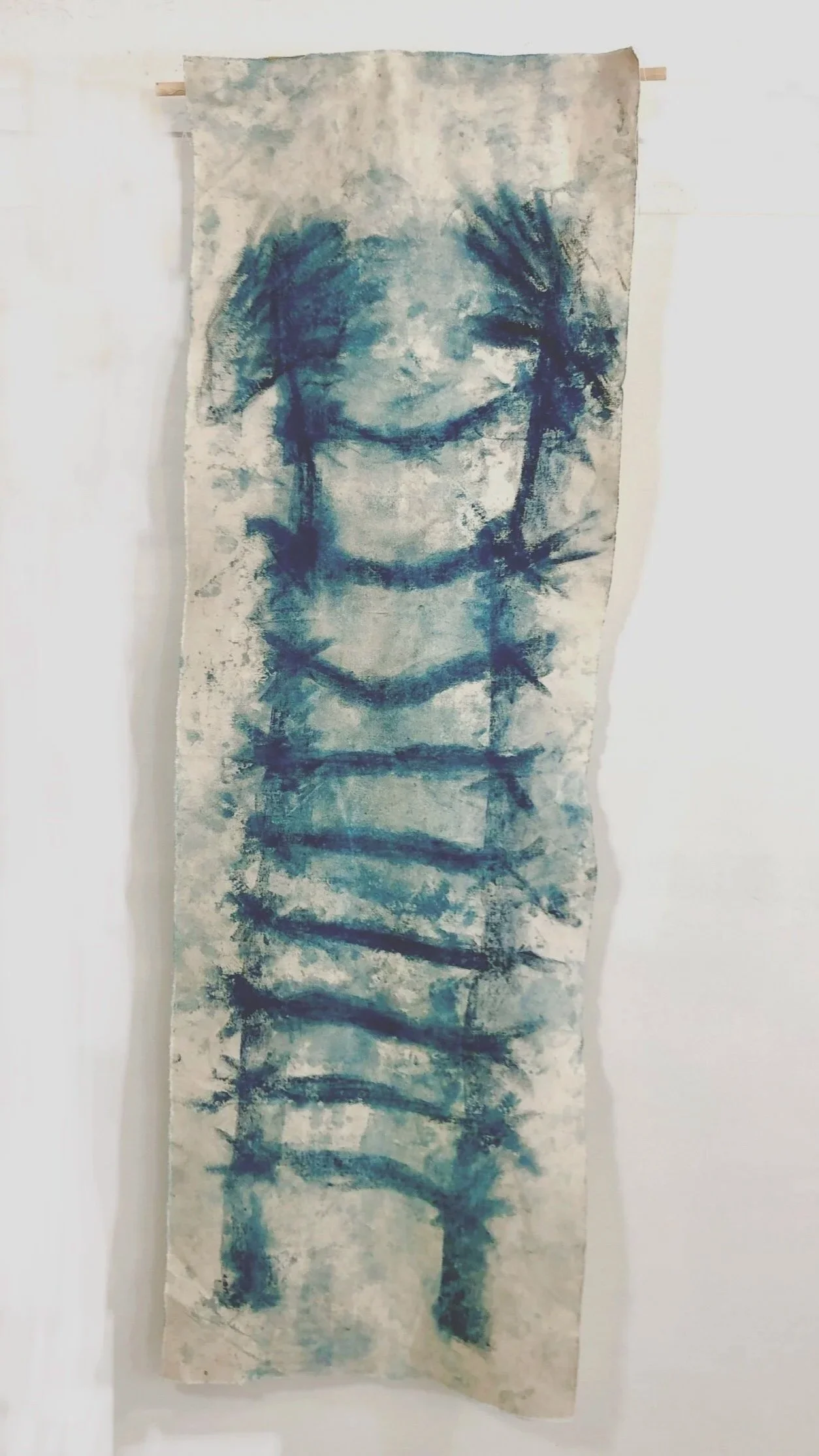 Ladder II (Ascend), charcoal and pastel on raw canvas, approx 150 x 45 cm