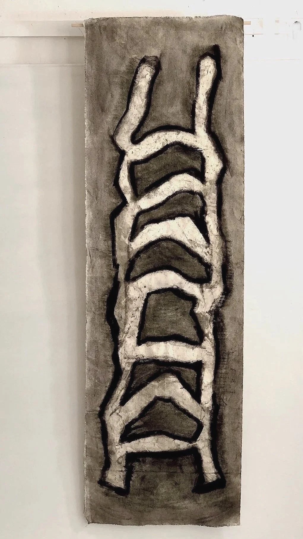 Ladder I (Gird), charcoal and pastel on raw canvas, approx 150 x 45 cm