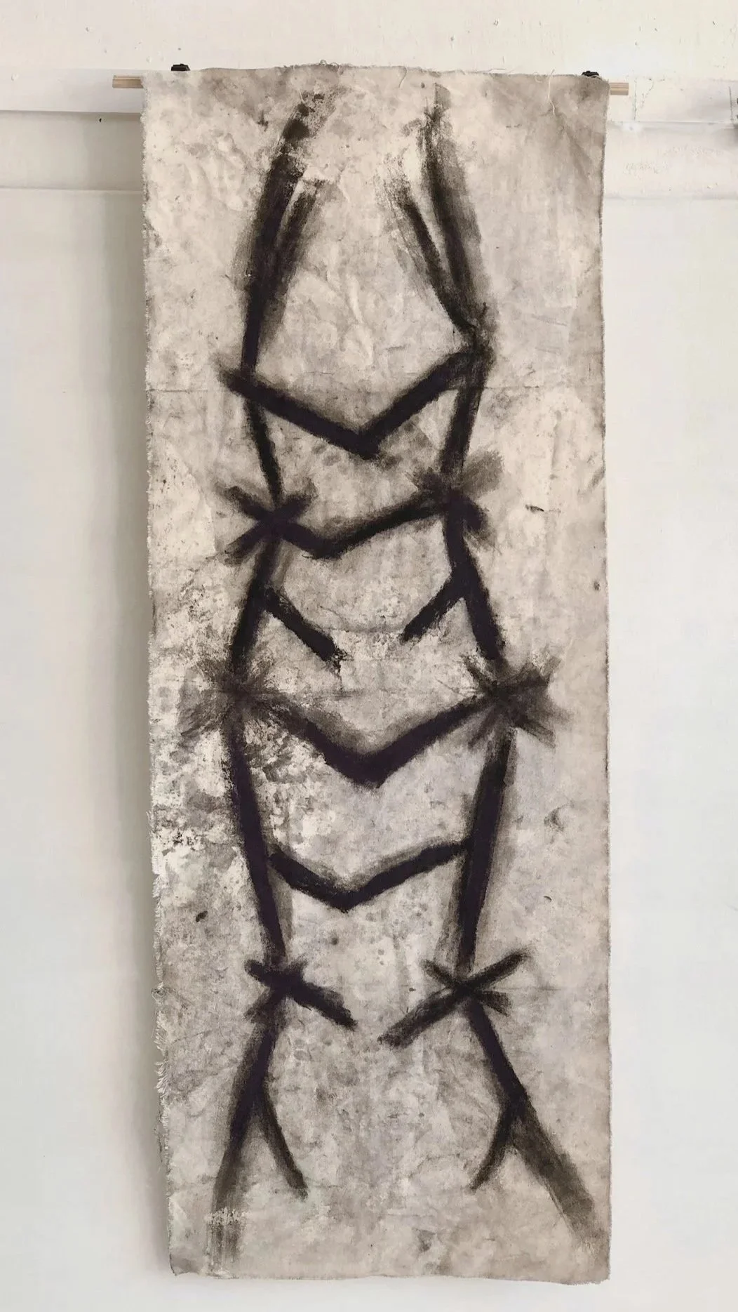 Ladder III (Bind), charcoal and pastel on raw canvas, approx 150 x 45 cm