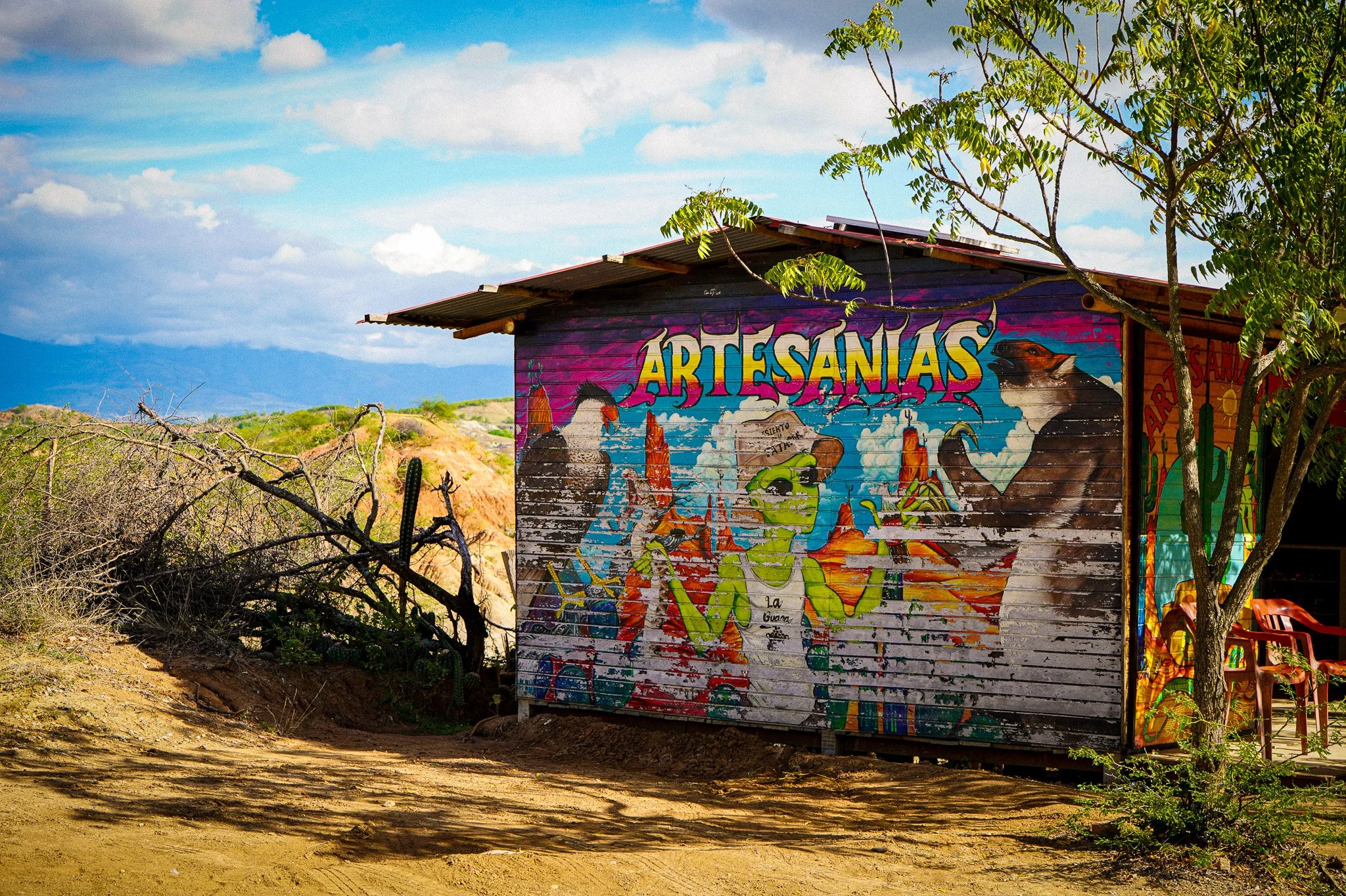 Small wooden building with colorful mural art that says 'Artesanías', featuring painted images of cacti, birds, and desert scenes, located in a semi-arid landscape with some trees and shrubs, under a partly cloudy sky.