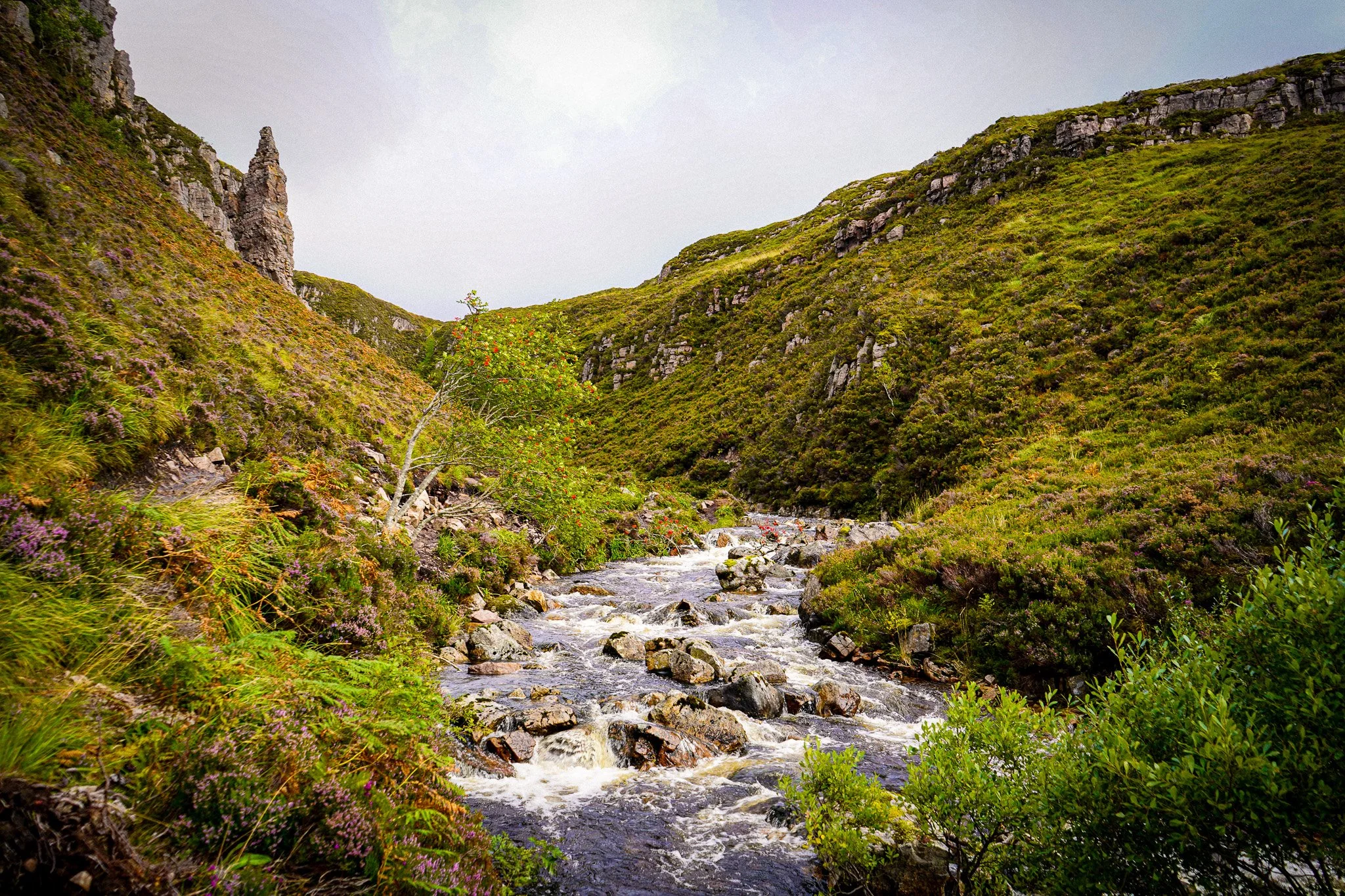 Landscape of green grassy hills with rocks, a waterfall flowing over rocks through a valley, and trees in the foreground under a cloudy sky.