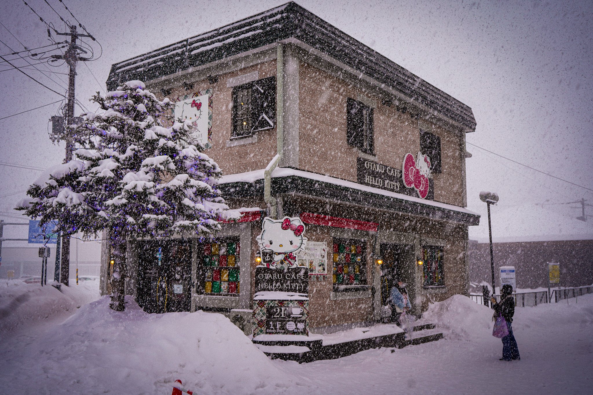 A two-story building with Hello Kitty and Otaru Cafe signs, decorated with colorful windows, during a snowy winter night with a snow-covered Christmas tree in the foreground and snow falling heavily.