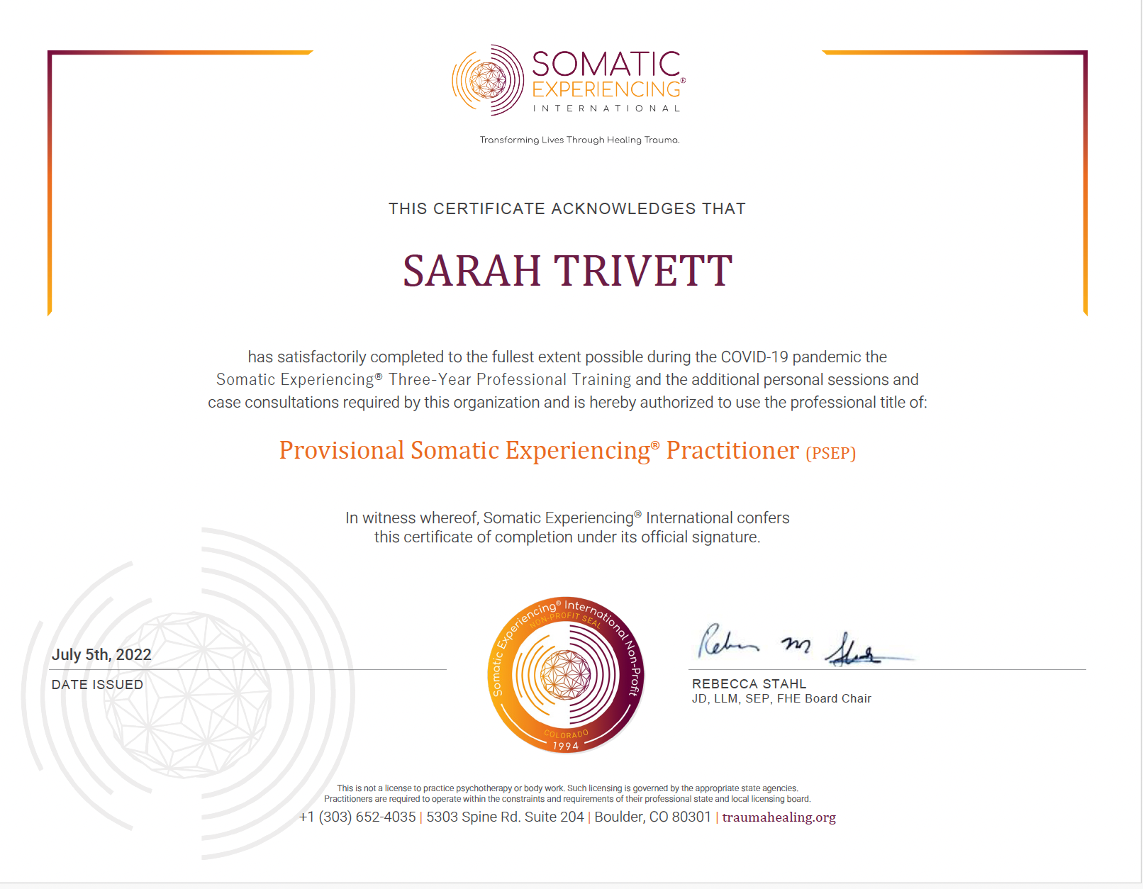 somatice experiencing certification