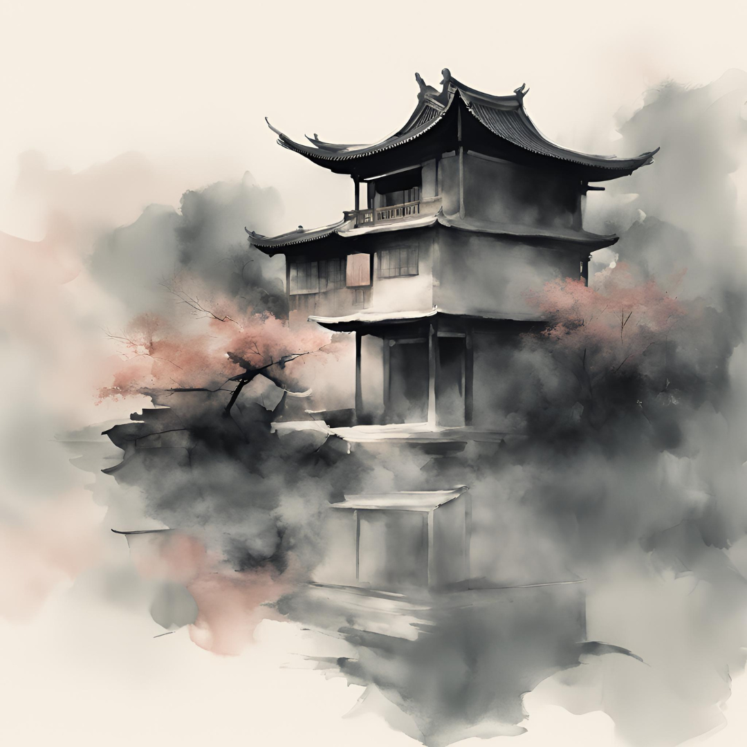Traditional Asian-style pagoda with layered, curved roofs, surrounded by mist and pink cherry blossom trees.
