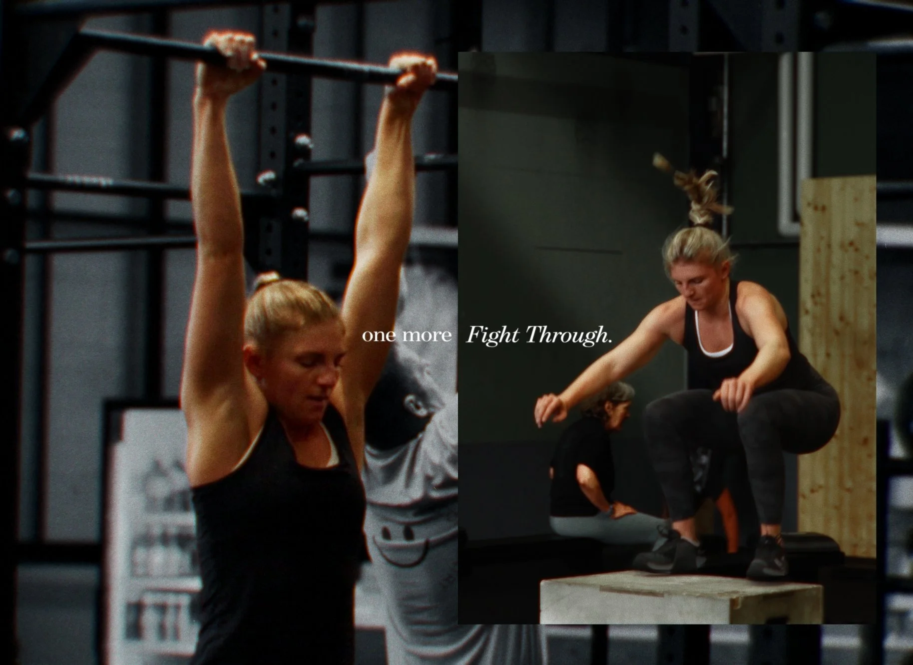 Eine Frau beim Krafttraining und eine Frau beim Gewichtheben in einem Fitnessstudio. Der Text lautet: 'one more Fight Through.'