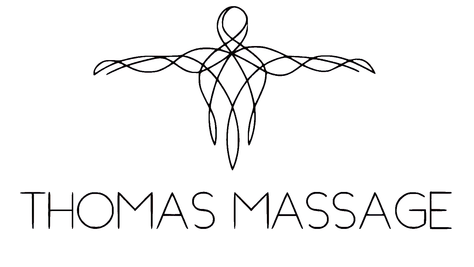 Logo für Thomas Massage, mit einer stilisierten schwarzen Knotenform über einem rosa Hintergrund und dem Text ‚THOMAS MASSAGE‘ in schwarzen Großbuchstaben.