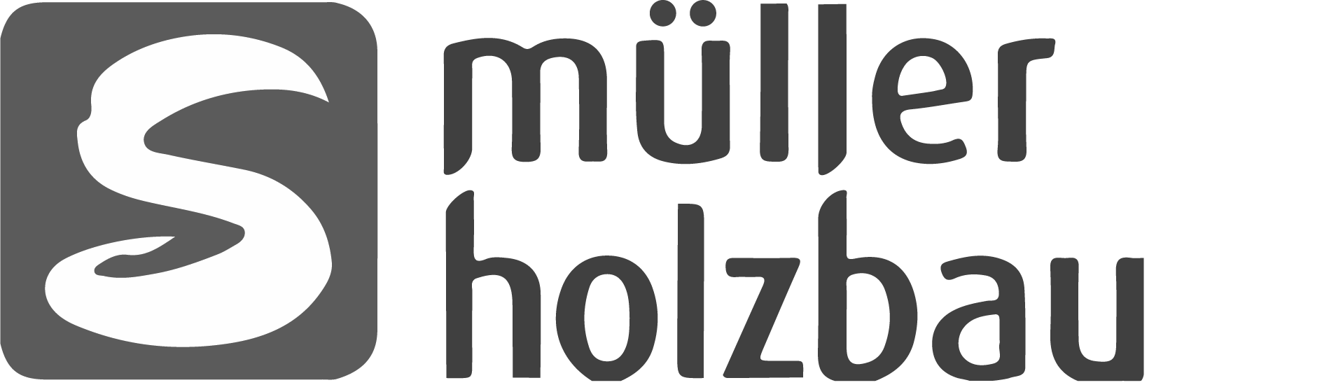 Grafik mit einem großen weißen Buchstaben S auf grauem Hintergrund, daneben der Text 'müller holzbau' in schwarzer Schrift.