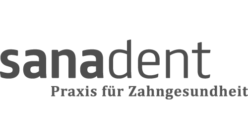 Logo der Zahnarztpraxis 'sa dent', das Wort 'sa' in Grau, 'dent' in Schwarz, darunter der Slogan 'Praxis für Zahngesundheit'.