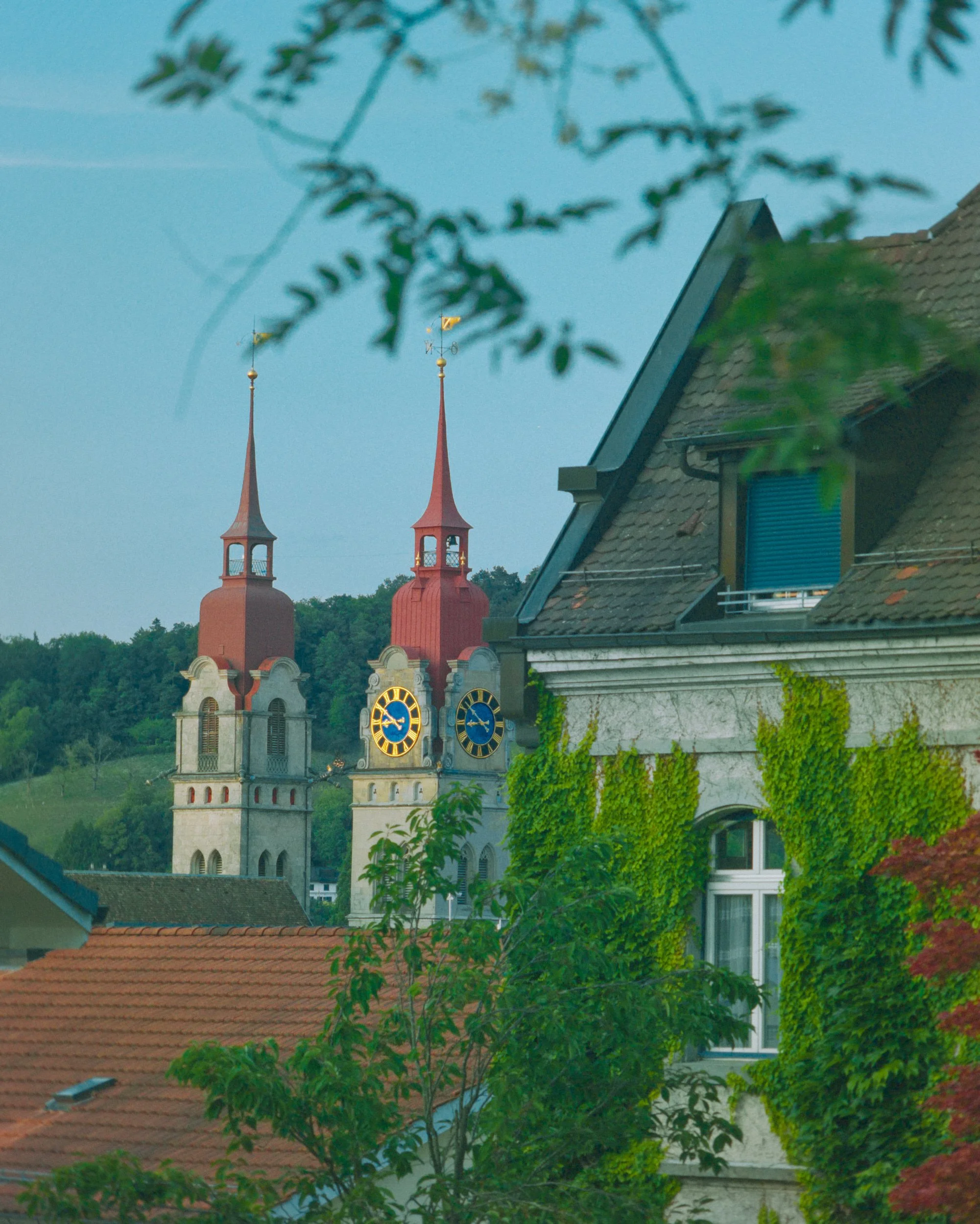 Ansicht eines Hauses mit roten Ziegeldächern, im Hintergrund eine Kirche mit zwei Türmen und einem Uhrenportal, umgeben von Bäumen in einer ländlichen Umgebung.