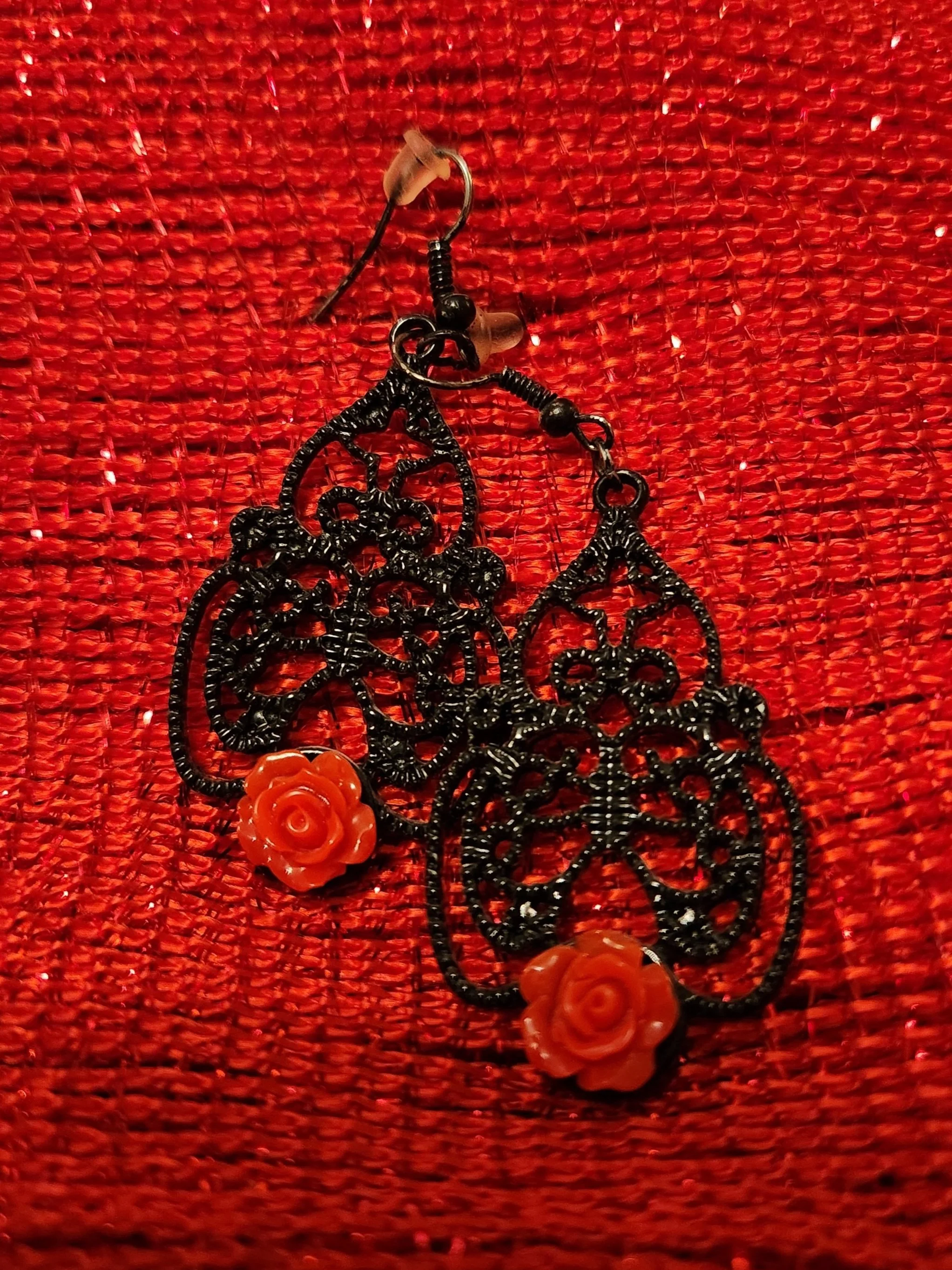 Victorian Goth Black with Rose Pendant Earrings