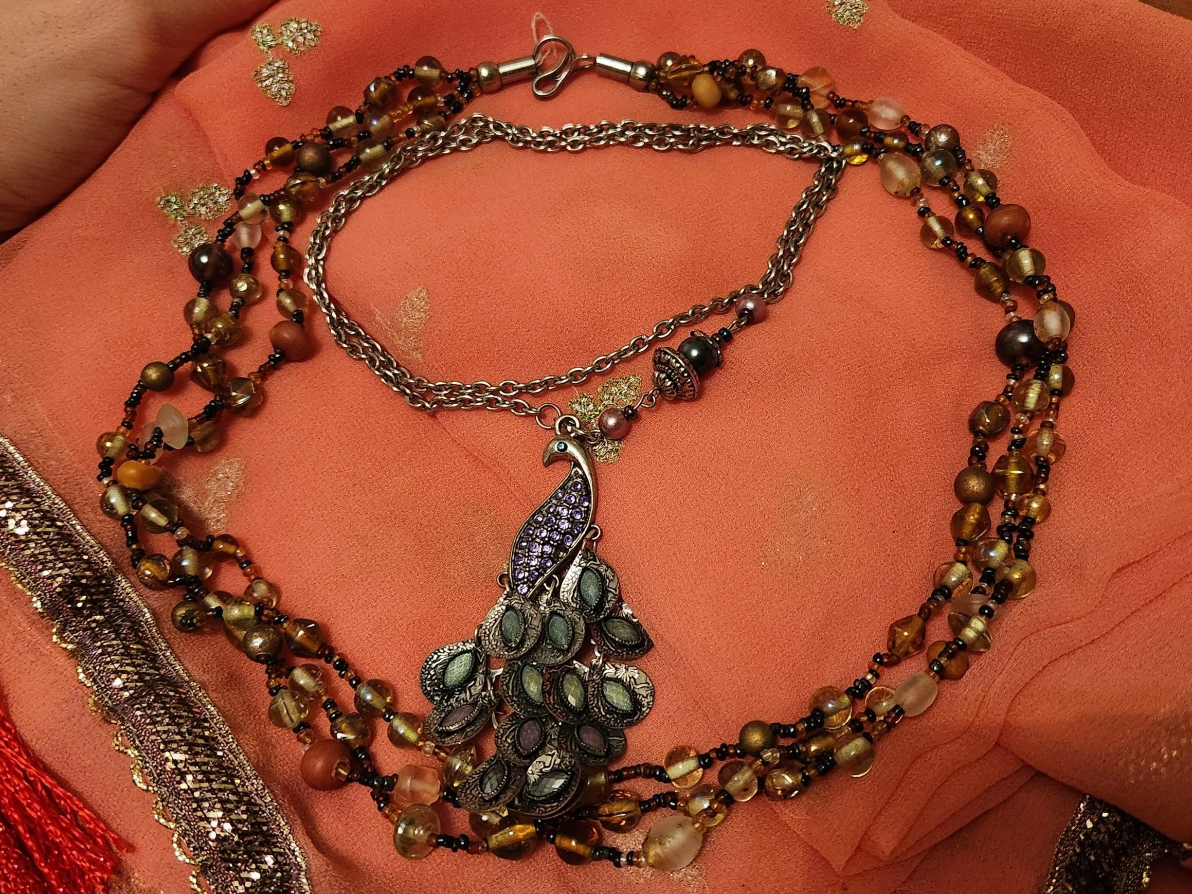 Peacock Pendant & Earth Colored Beaded Necklaces
