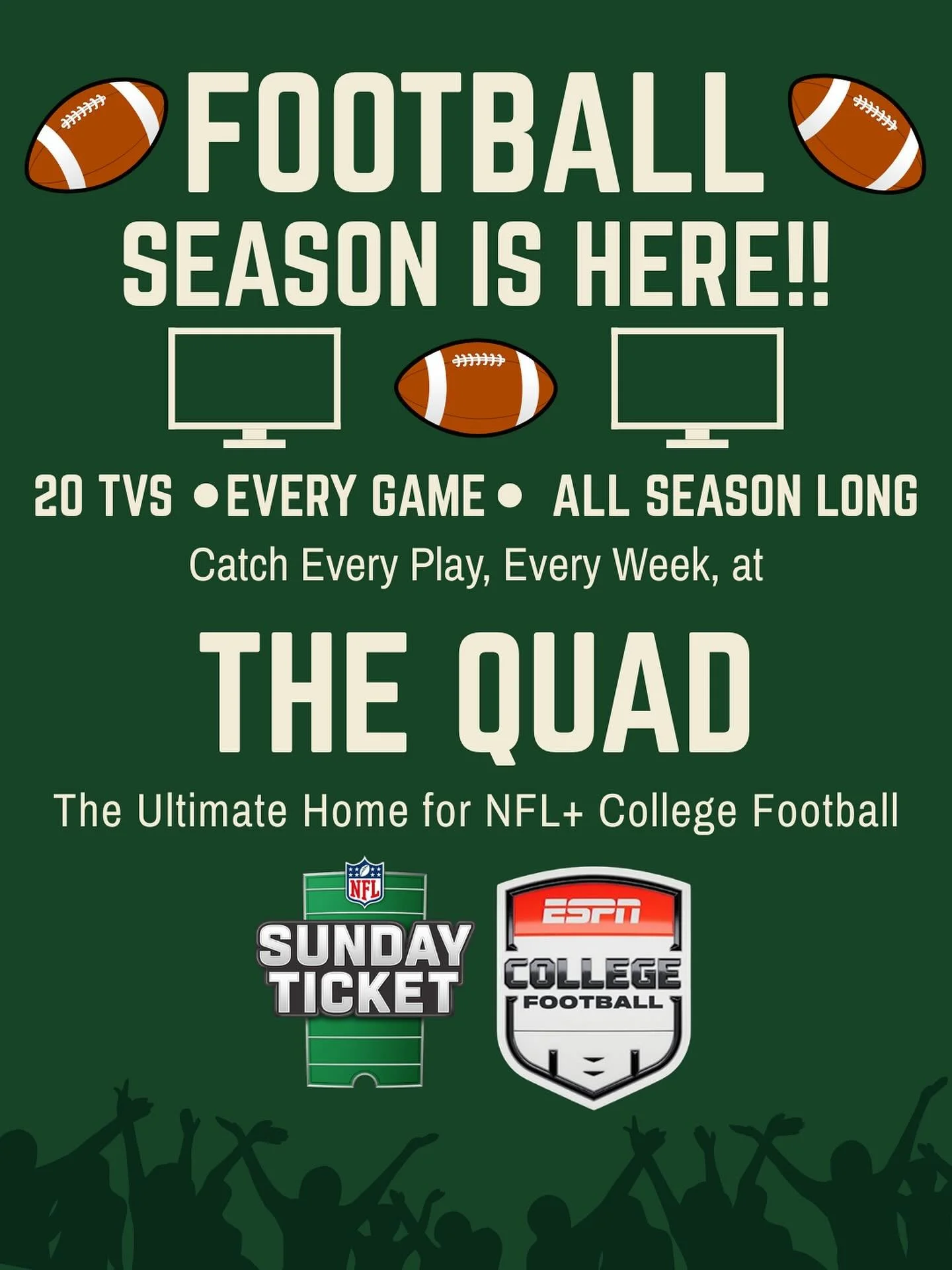 🏈🍻 Football is BACK and The Quad is the place to be! With 20 TVs, NFL Sunday Ticket + College Football, you&rsquo;ll never miss a play. 🙌🔥

👉 Grab your crew and catch every game all season long at The Quad!

#FootballSeason #NFL #CollegeFootball