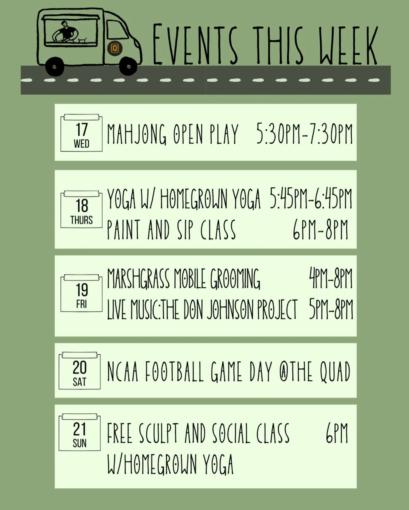 ✨✨ What&rsquo;s happening this week at The Quad ✨
We&rsquo;ve got a little something for everyone &mdash; from Mahjong and yoga to live music, paint &amp; sip, football Saturday, and more! 🧘&zwj;♀️🎶🍷🏈

📅 Here&rsquo;s how to join in:
▪️ Mahjong O