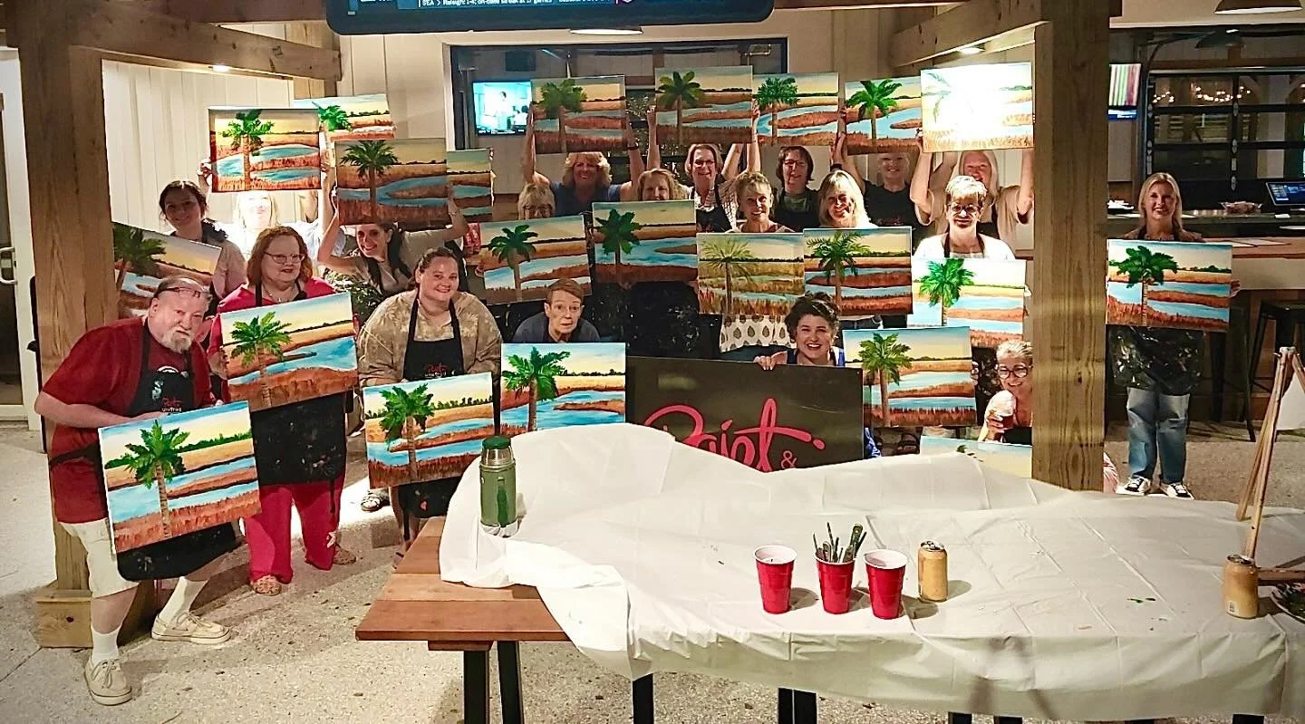 Another successful Paint &amp; Sip in the books! 🎨🍷✨ Thank you to everyone who came out and created these gorgeous palm tree sunsets with us 🌴💛 Be on the lookout for sign-ups for our next class on Thursday, October 16th from 5&ndash;7pm&mdash;you