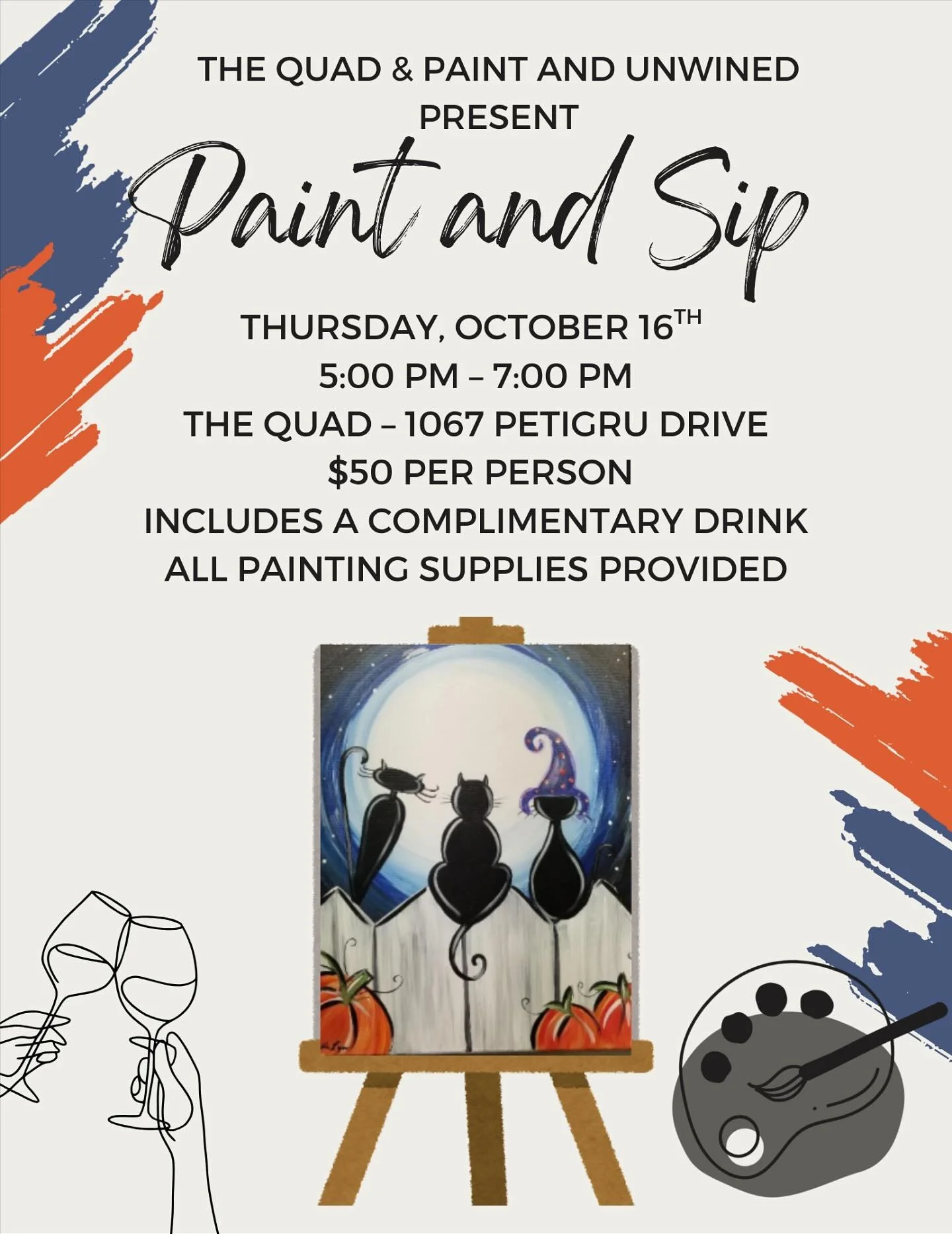 ✨Another fun Paint &amp; Sip is coming up!✨ Join us Thursday, October 16th from 5&ndash;7 PM at The Quad for a night of painting, sipping, and fun 🎨🍷 $50 includes all supplies + a complimentary drink.

👉 Sign up now through the link in our bio!
