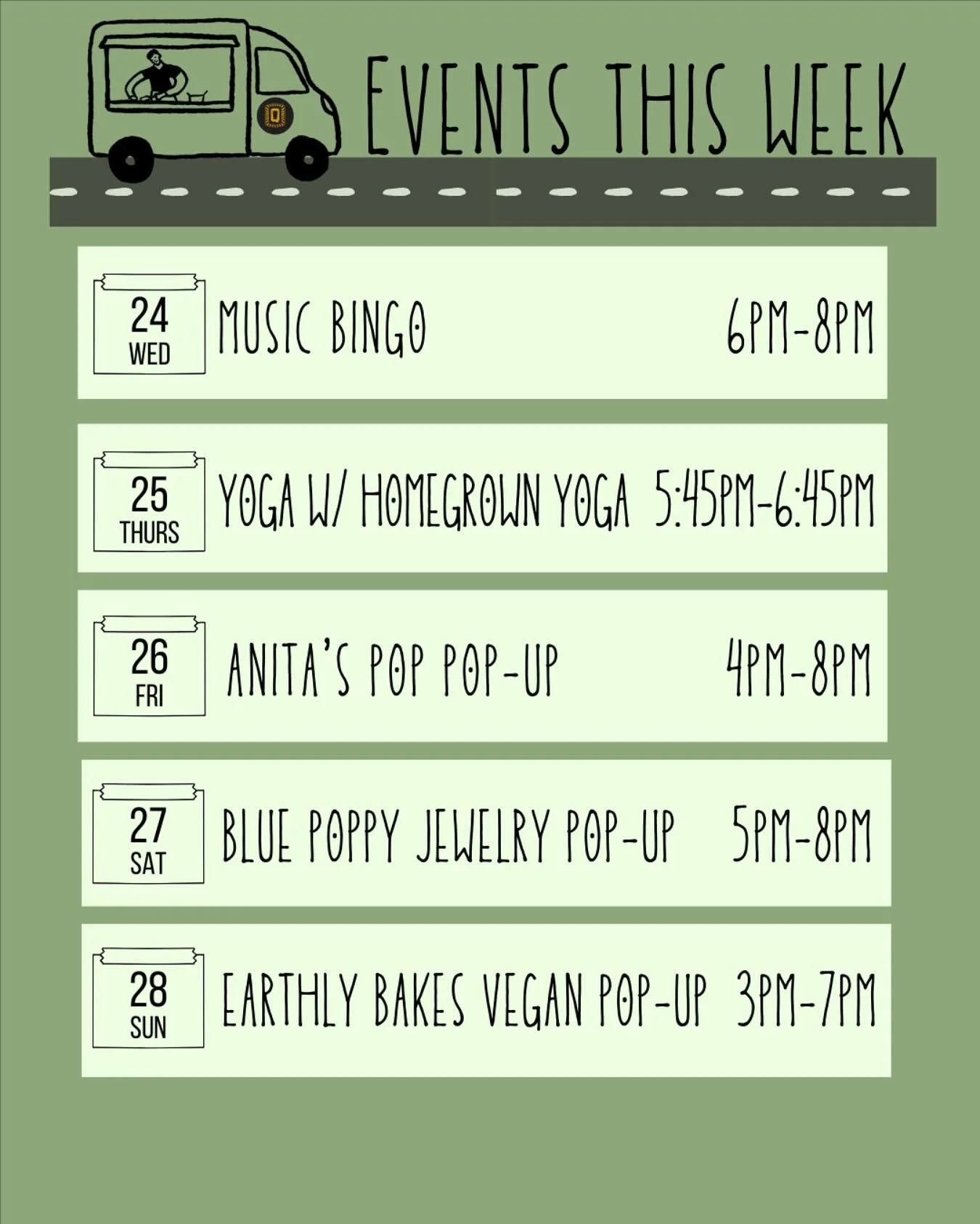 ✨ This week&rsquo;s lineup is stacked! ✨
🎶 Wed 9/24: Music Bingo 6&ndash;8PM
🧘&zwj;♀️ Thurs 9/25: Yoga w/ Homegrown Yoga 5:45&ndash;6:45PM
🍴 Fri 9/26: Anita&rsquo;s Pop Pop-Up 4&ndash;8PM
💍 Sat 9/27: Blue Poppy Jewelry Pop-Up 5&ndash;8PM
🌱 Sun 9